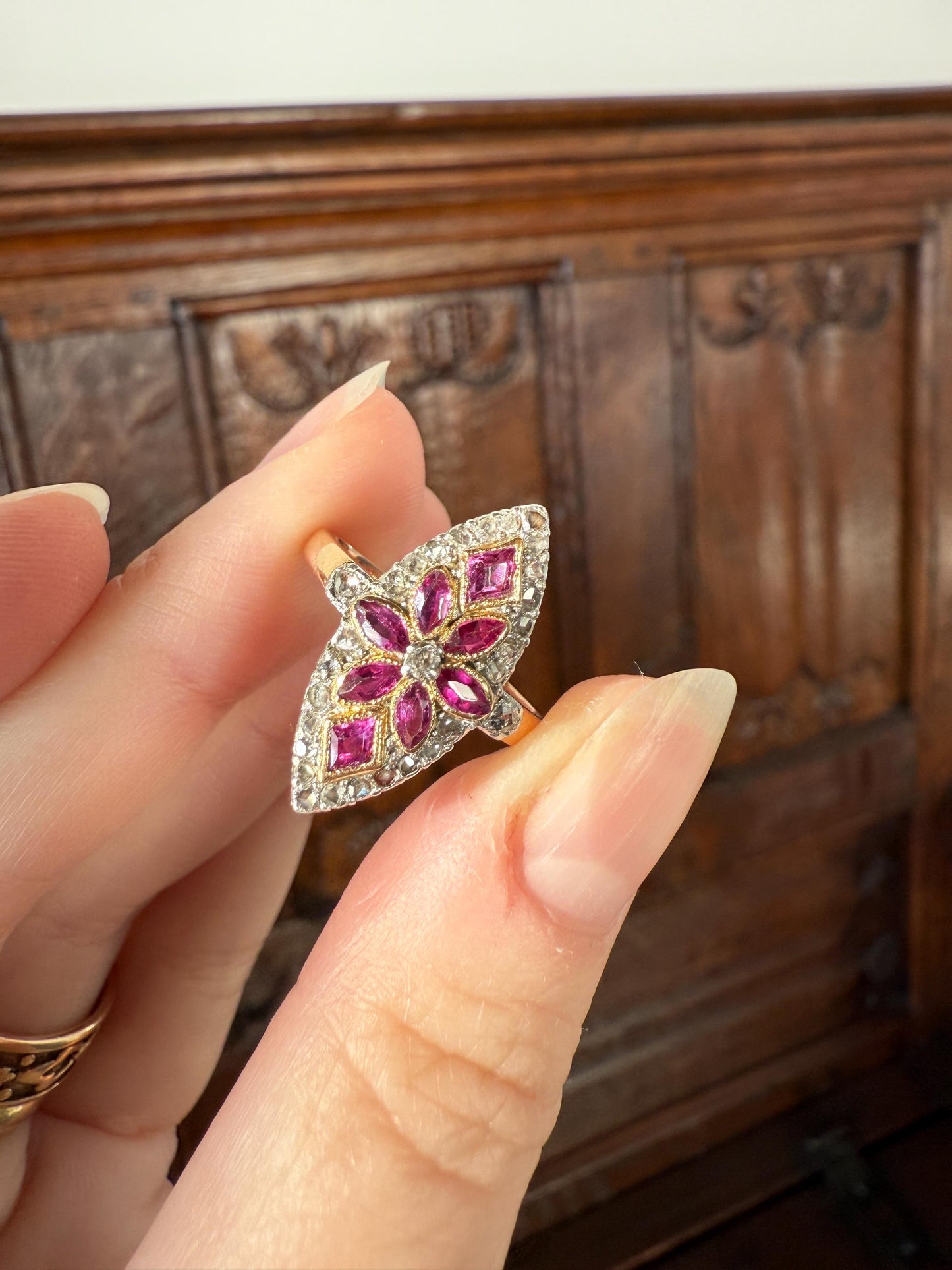 Floral Starburst Art NOUVEAU Antique FRENCH Rose Cut Diamond RUBY Sapphire Navette Ring 18k Gold PLATiNUM Belle Epoque Pink