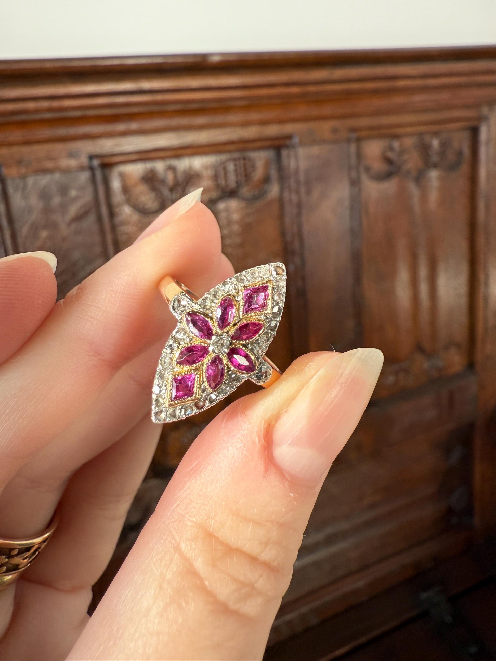 Floral Starburst Art NOUVEAU Antique FRENCH Rose Cut Diamond RUBY Sapphire Navette Ring 18k Gold PLATiNUM Belle Epoque Pink