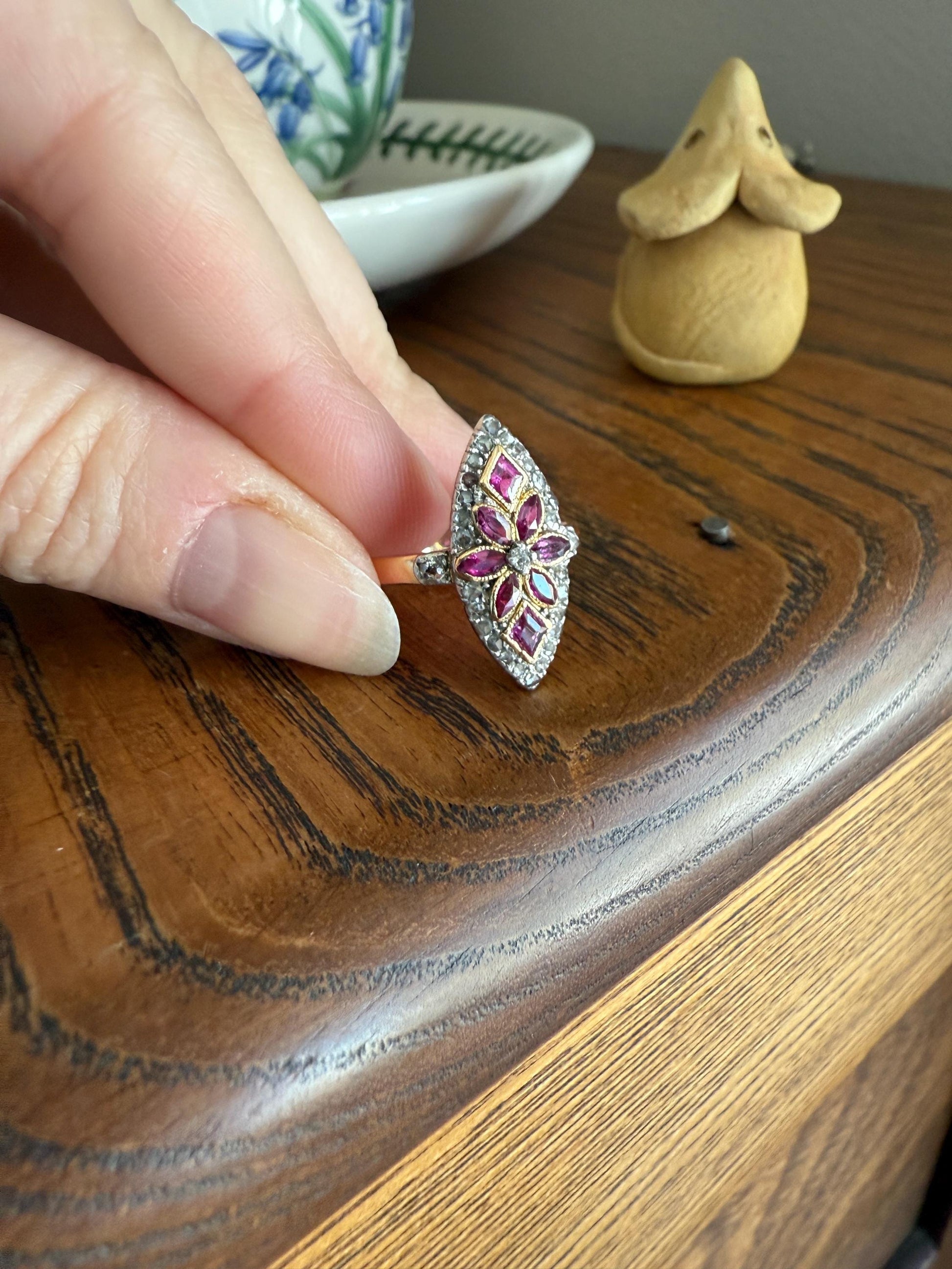 Floral Starburst Art NOUVEAU Antique FRENCH Rose Cut Diamond RUBY Sapphire Navette Ring 18k Gold PLATiNUM Belle Epoque Pink