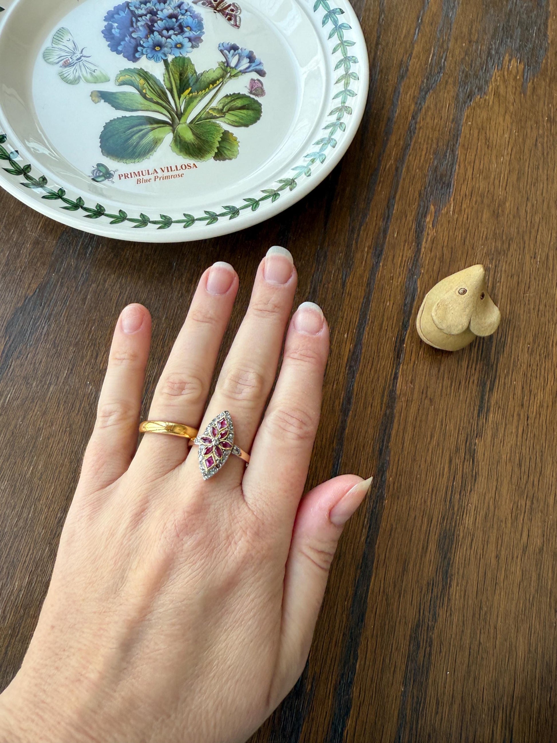 Floral Starburst Art NOUVEAU Antique FRENCH Rose Cut Diamond RUBY Sapphire Navette Ring 18k Gold PLATiNUM Belle Epoque Pink