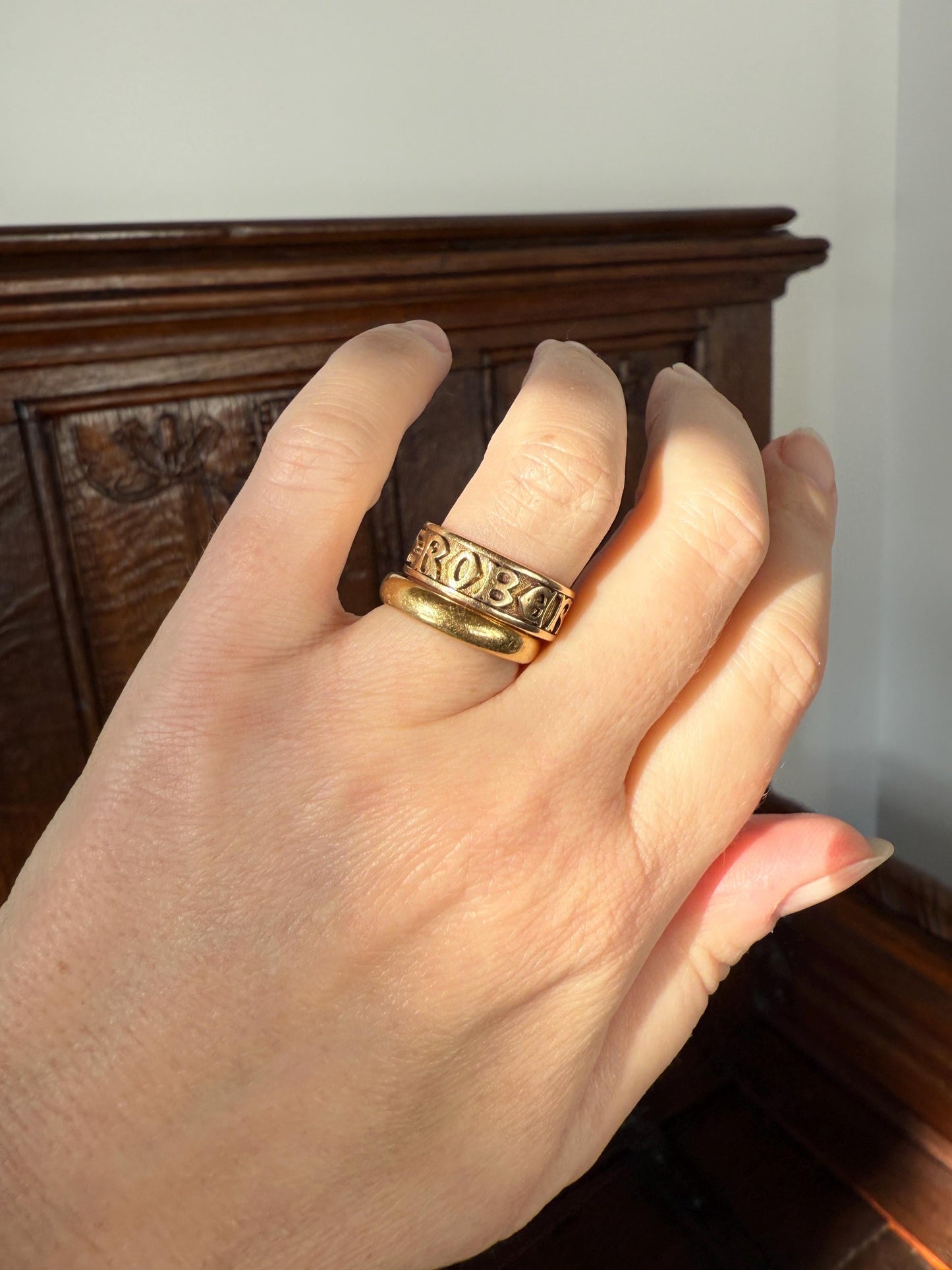 Wish My Name Was ROBERT Antique DATED 1909 French Edwardian 14k Gold Solid Ornate Eternity 3D Monogram Cigar Band Name Ring