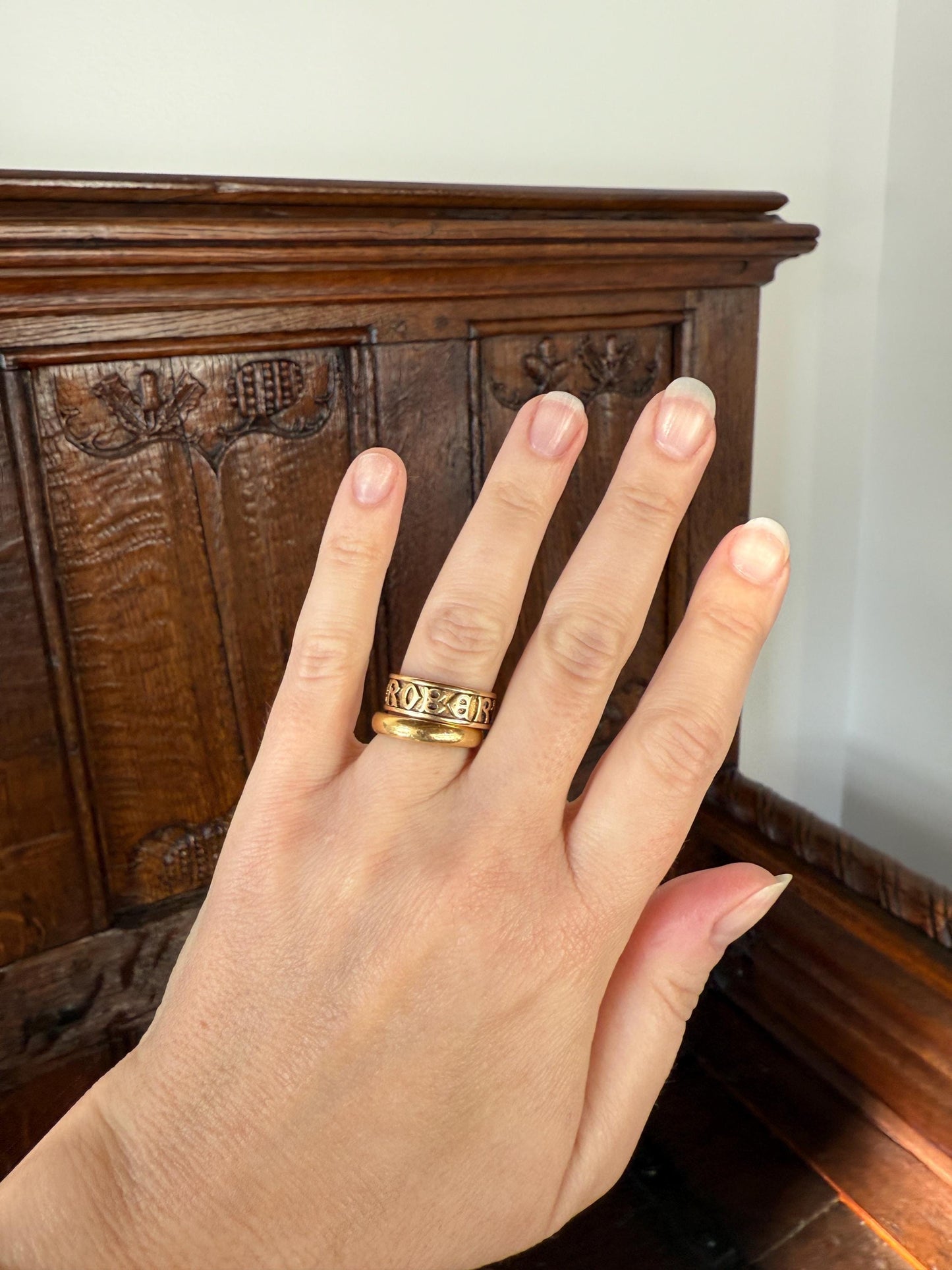 Wish My Name Was ROBERT Antique DATED 1909 French Edwardian 14k Gold Solid Ornate Eternity 3D Monogram Cigar Band Name Ring