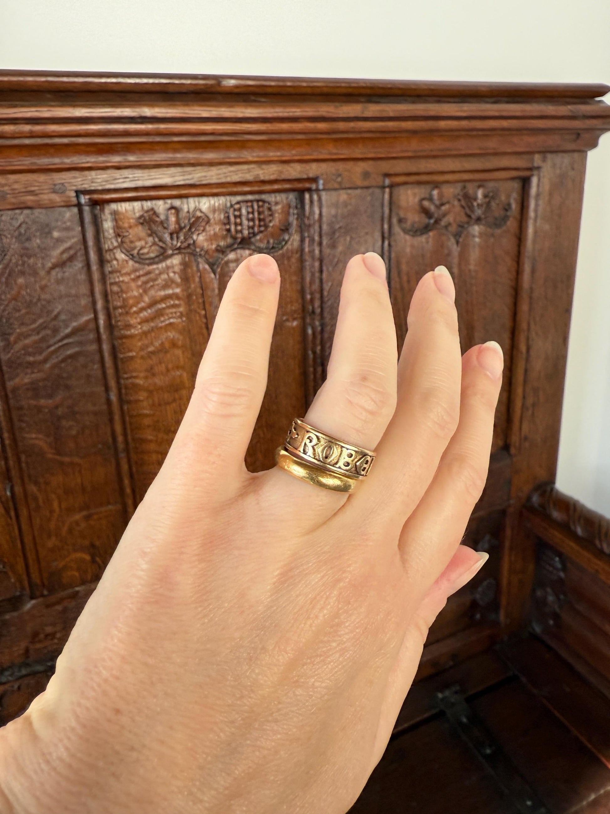 Wish My Name Was ROBERT Antique DATED 1909 French Edwardian 14k Gold Solid Ornate Eternity 3D Monogram Cigar Band Name Ring