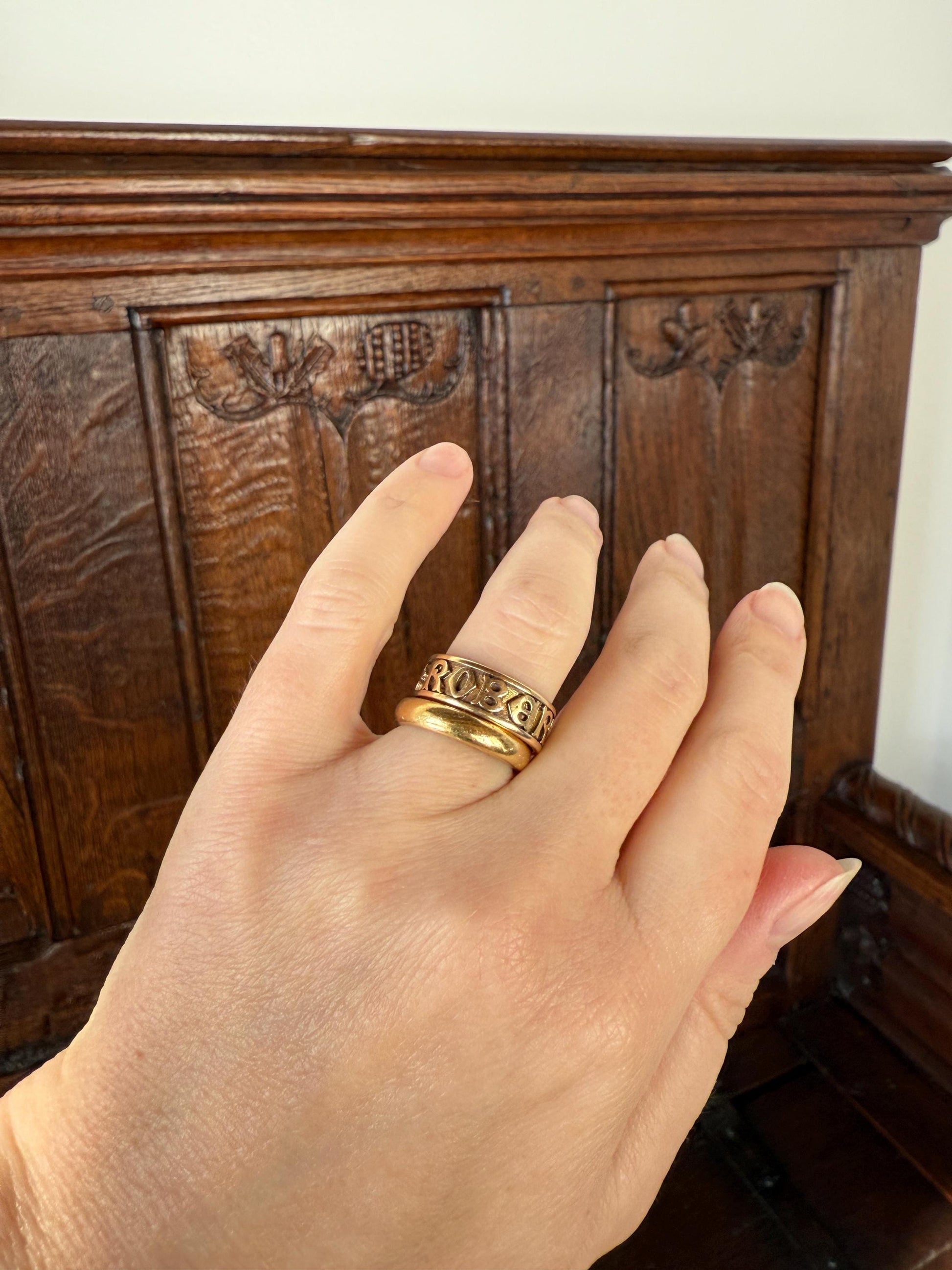 Wish My Name Was ROBERT Antique DATED 1909 French Edwardian 14k Gold Solid Ornate Eternity 3D Monogram Cigar Band Name Ring