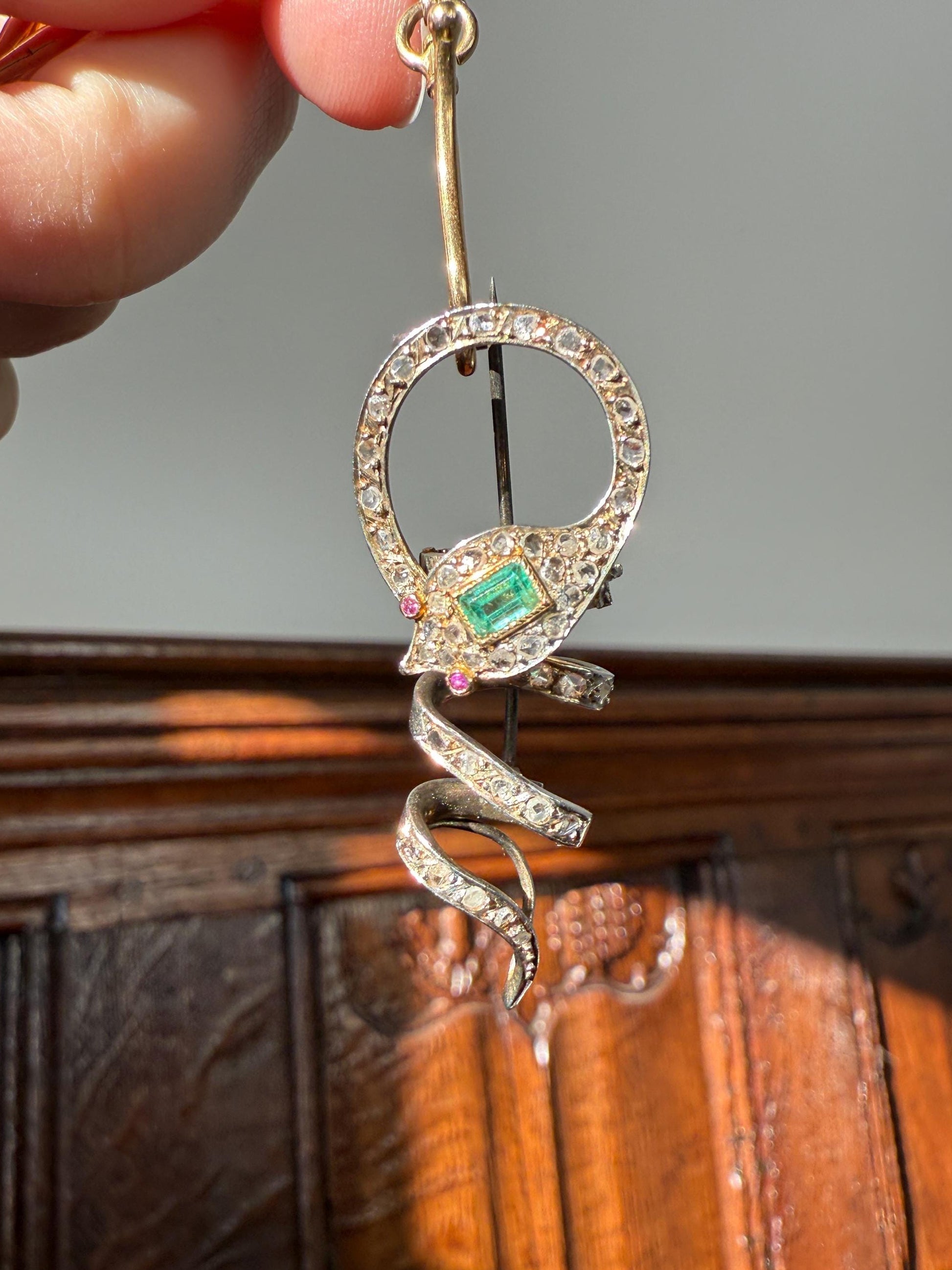 SNAKE French Antique Silver & 18k GOLD Emerald Rose Cut DIAMOND Gem Set Brooch Pendant Connector Cobra Green Figural Victorian