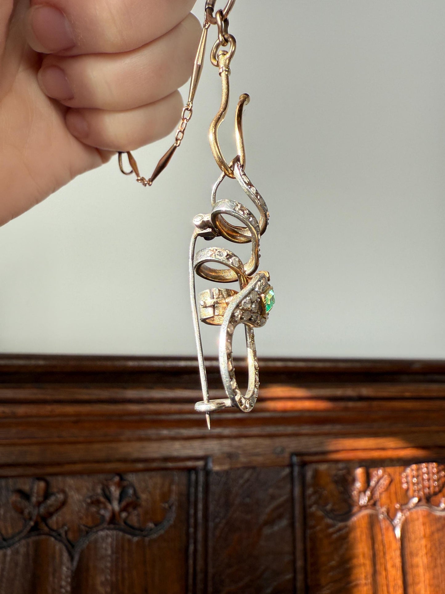SNAKE French Antique Silver & 18k GOLD Emerald Rose Cut DIAMOND Gem Set Brooch Pendant Connector Cobra Green Figural Victorian