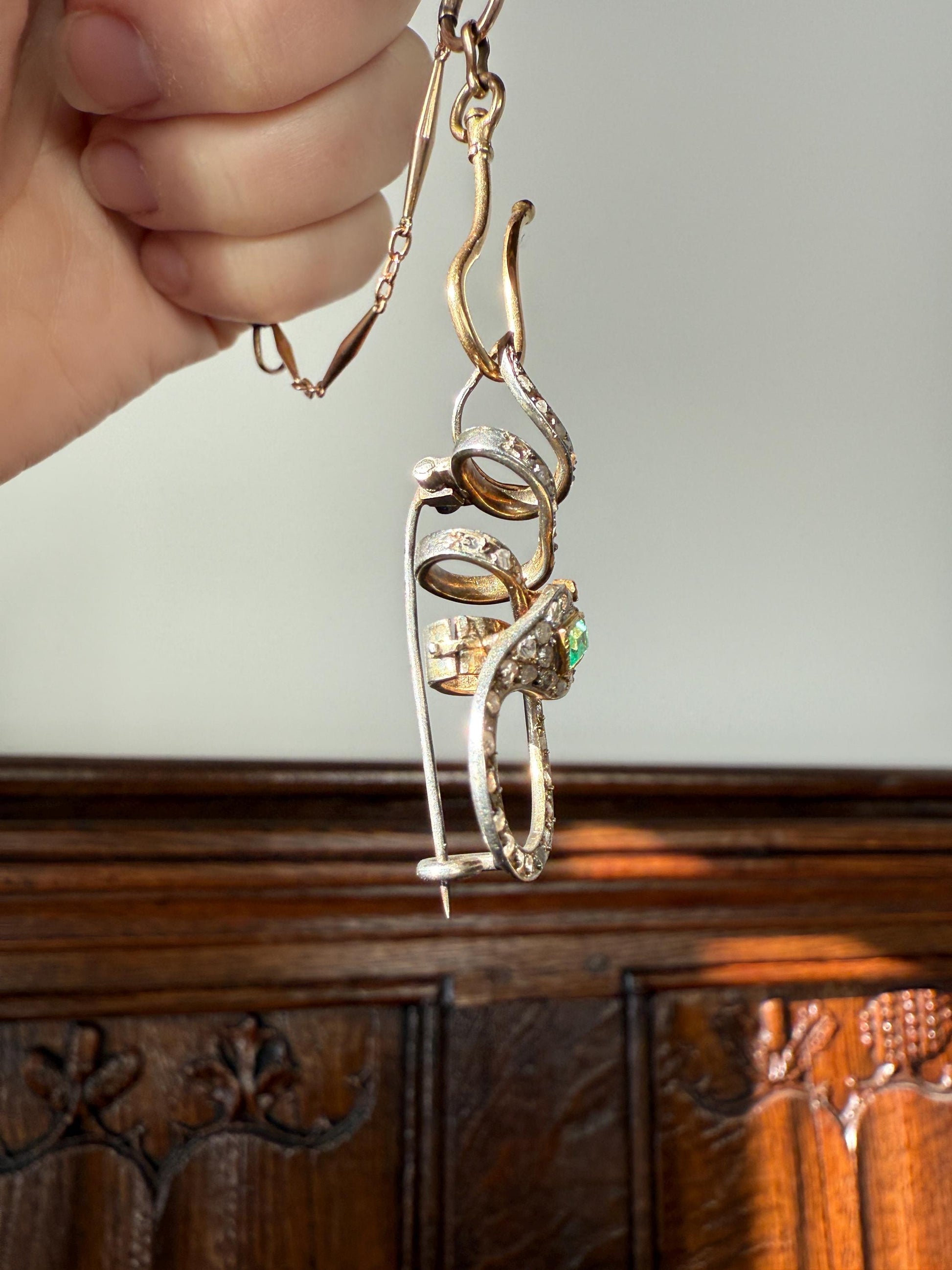 SNAKE French Antique Silver & 18k GOLD Emerald Rose Cut DIAMOND Gem Set Brooch Pendant Connector Cobra Green Figural Victorian
