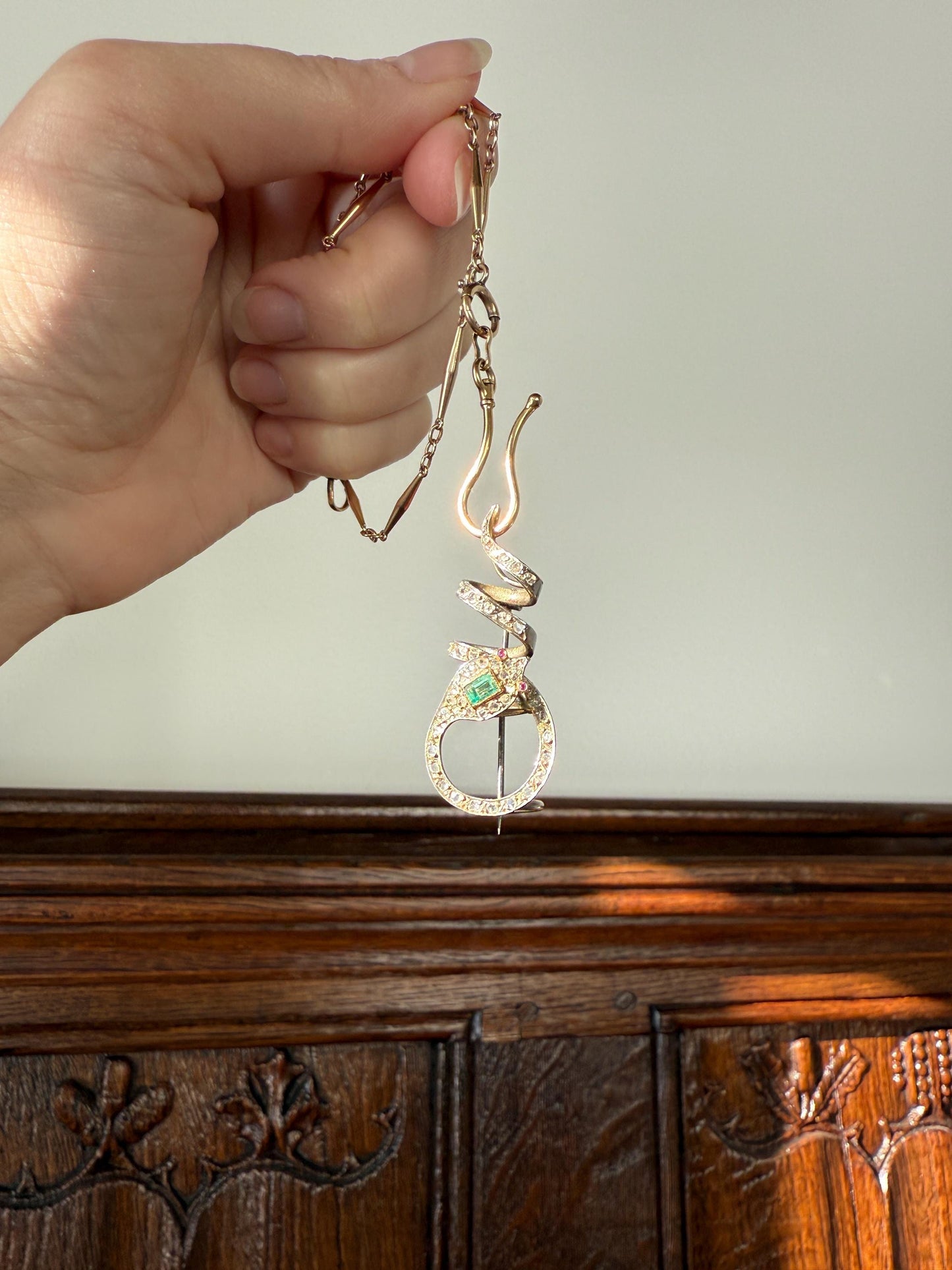SNAKE French Antique Silver & 18k GOLD Emerald Rose Cut DIAMOND Gem Set Brooch Pendant Connector Cobra Green Figural Victorian