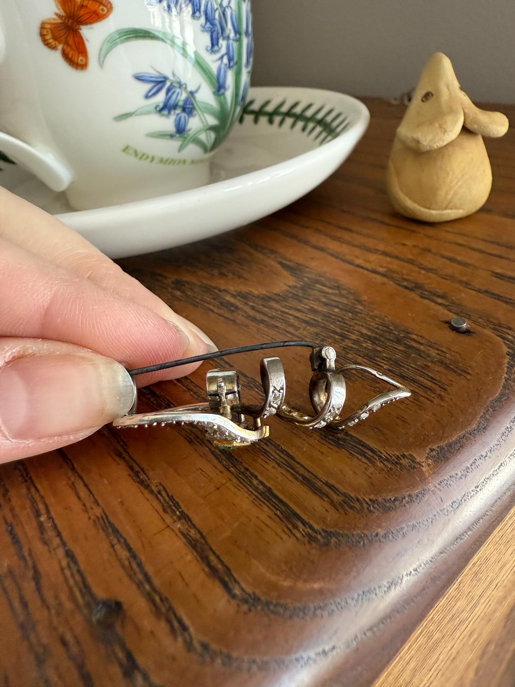 SNAKE French Antique Silver & 18k GOLD Emerald Rose Cut DIAMOND Gem Set Brooch Pendant Connector Cobra Green Figural Victorian