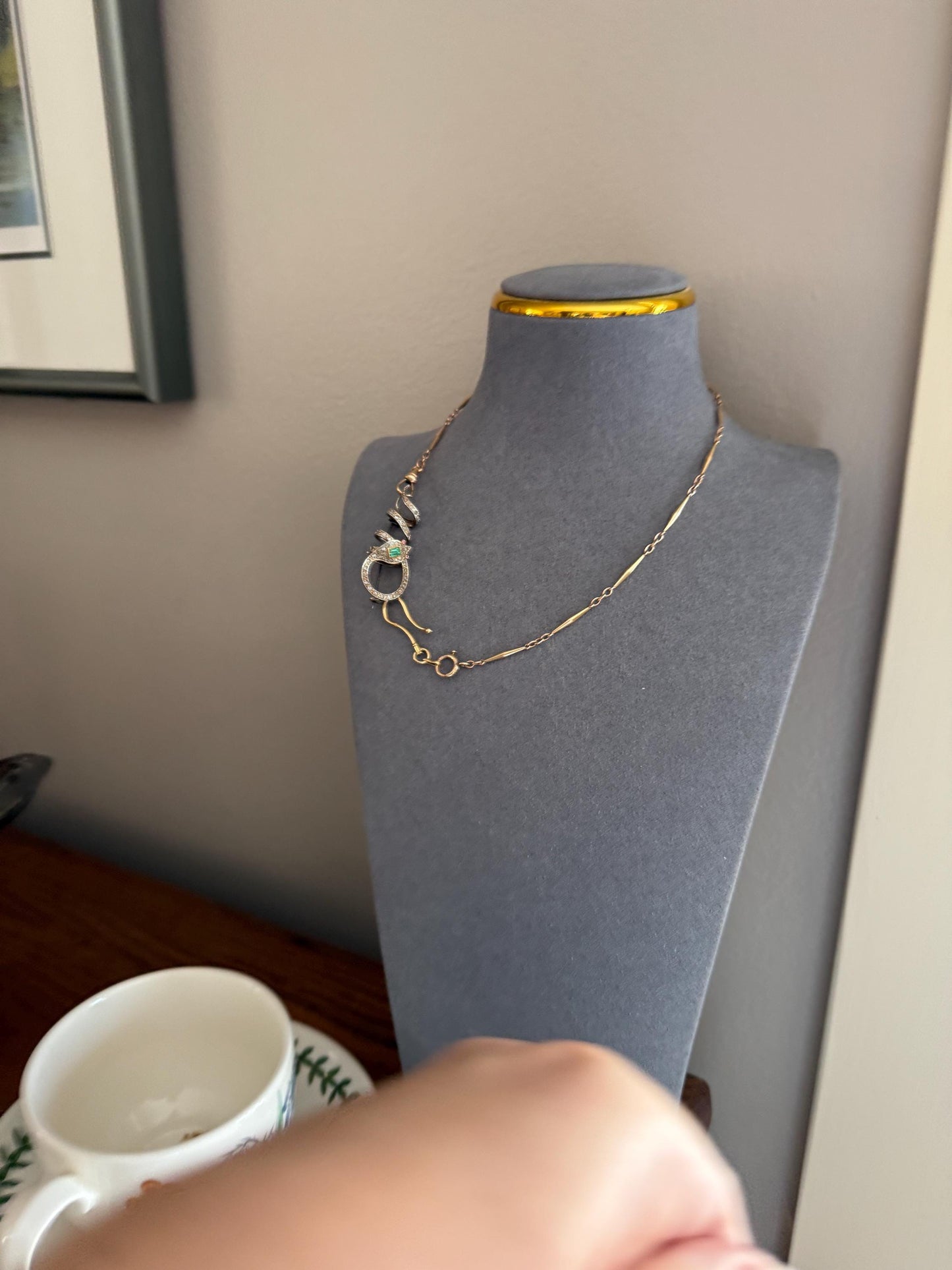 SNAKE French Antique Silver & 18k GOLD Emerald Rose Cut DIAMOND Gem Set Brooch Pendant Connector Cobra Green Figural Victorian