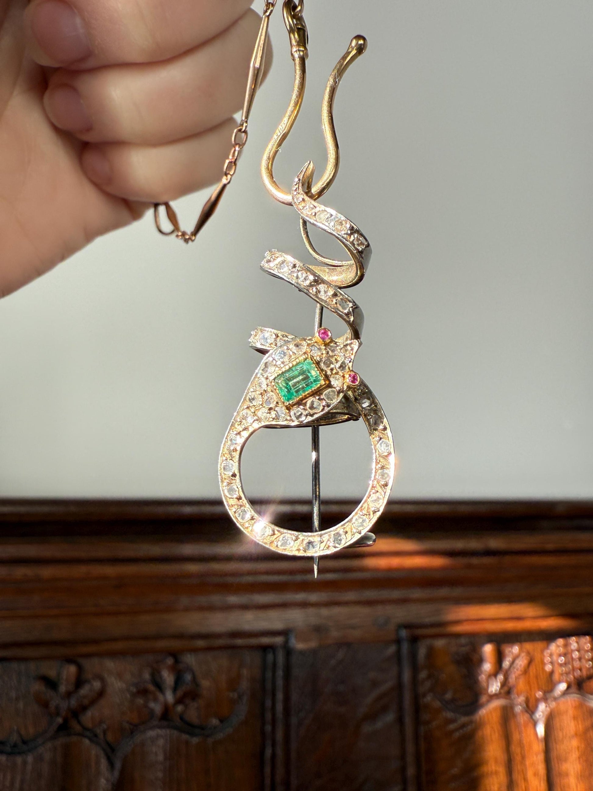 SNAKE French Antique Silver & 18k GOLD Emerald Rose Cut DIAMOND Gem Set Brooch Pendant Connector Cobra Green Figural Victorian