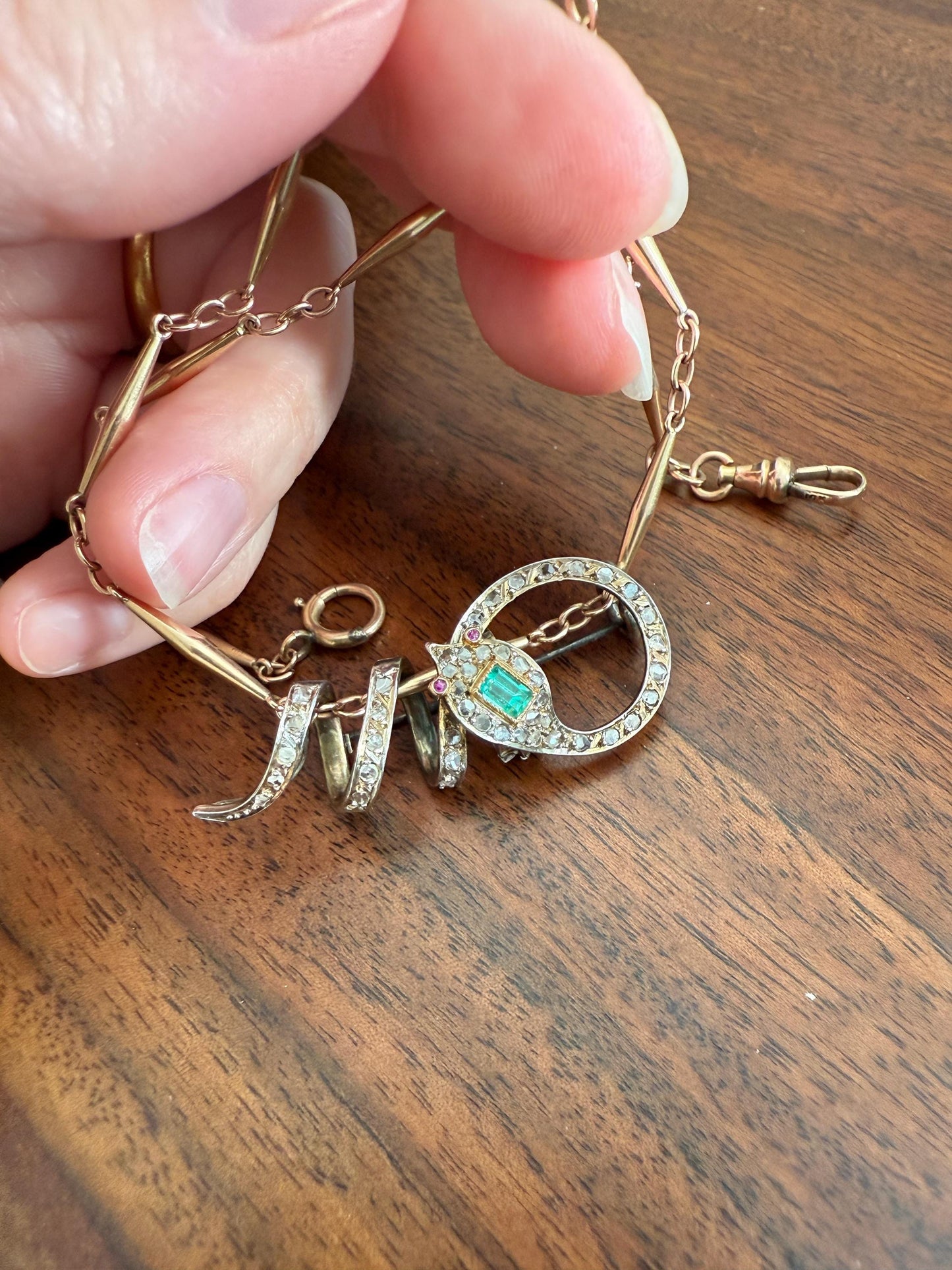 SNAKE French Antique Silver & 18k GOLD Emerald Rose Cut DIAMOND Gem Set Brooch Pendant Connector Cobra Green Figural Victorian