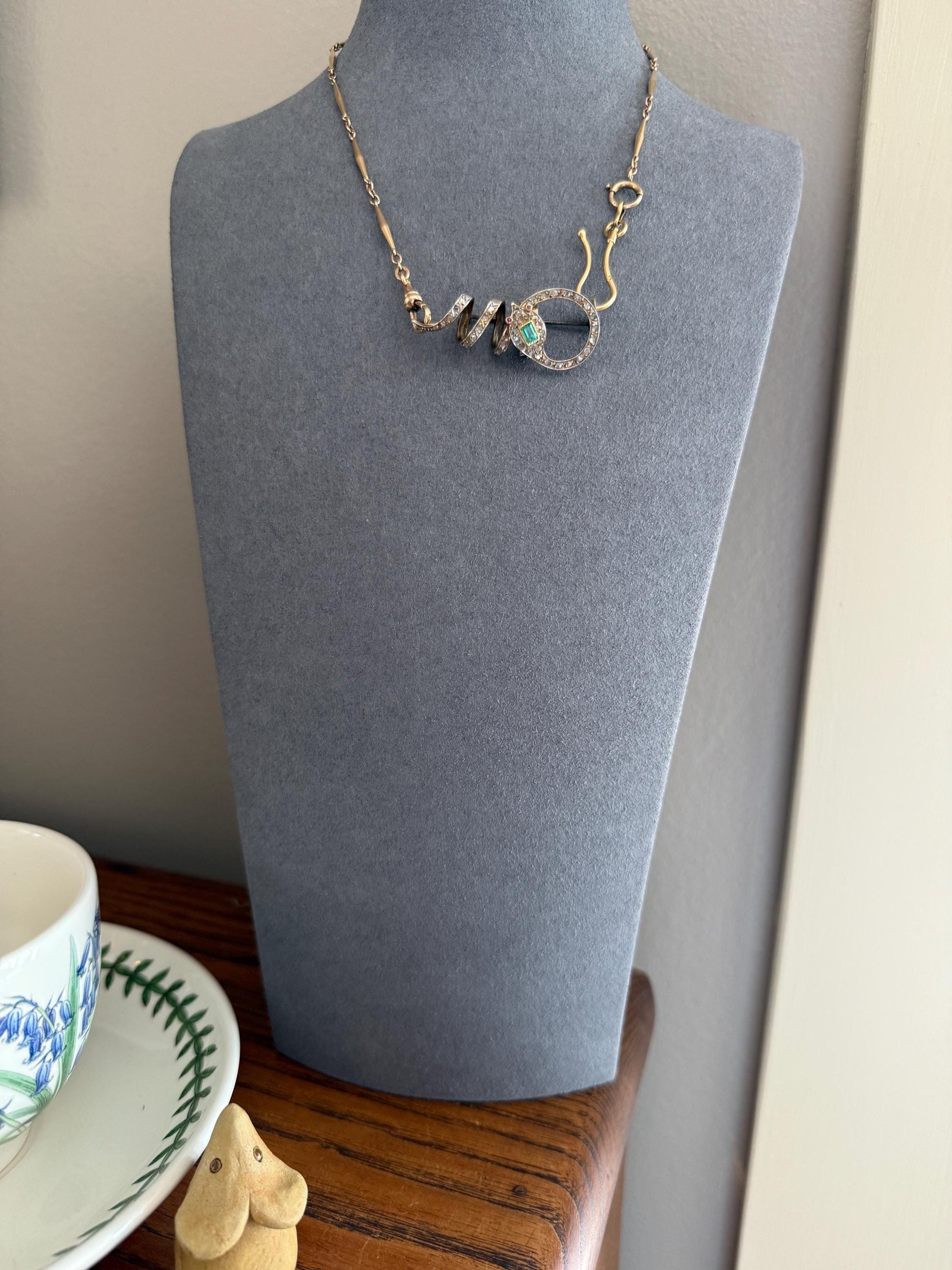 SNAKE French Antique Silver & 18k GOLD Emerald Rose Cut DIAMOND Gem Set Brooch Pendant Connector Cobra Green Figural Victorian