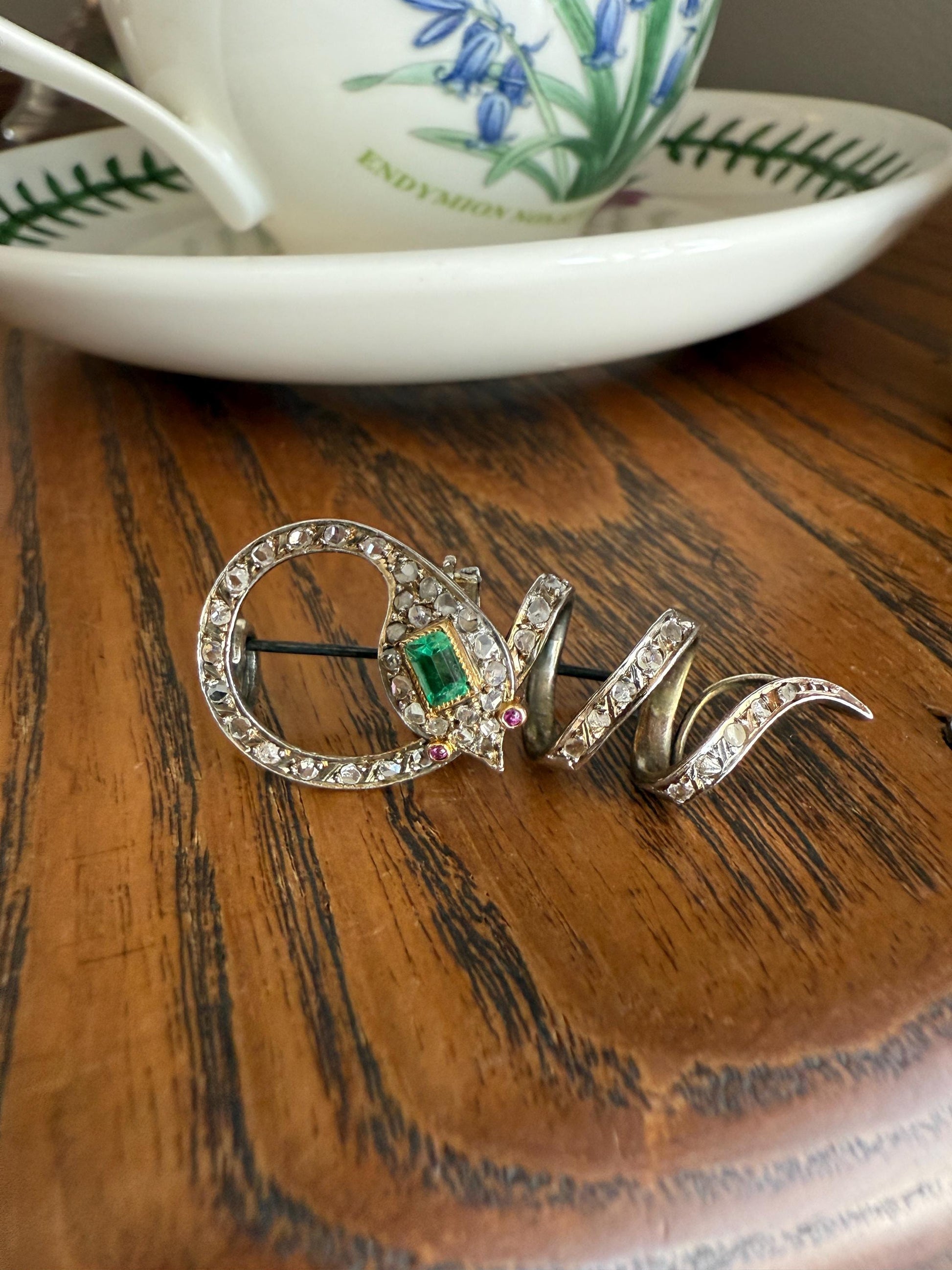 SNAKE French Antique Silver & 18k GOLD Emerald Rose Cut DIAMOND Gem Set Brooch Pendant Connector Cobra Green Figural Victorian