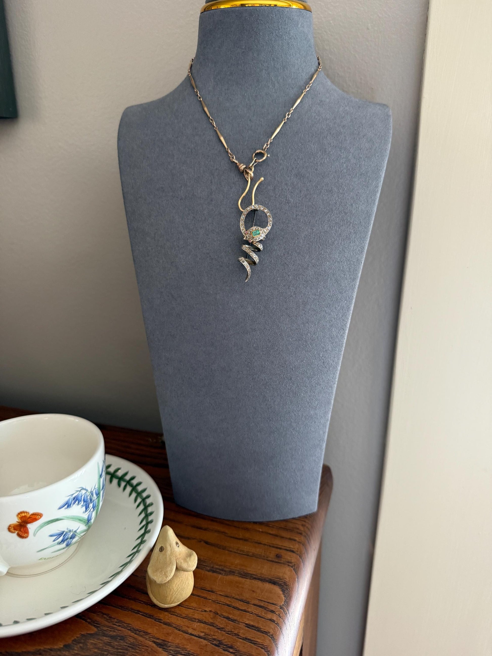 SNAKE French Antique Silver & 18k GOLD Emerald Rose Cut DIAMOND Gem Set Brooch Pendant Connector Cobra Green Figural Victorian