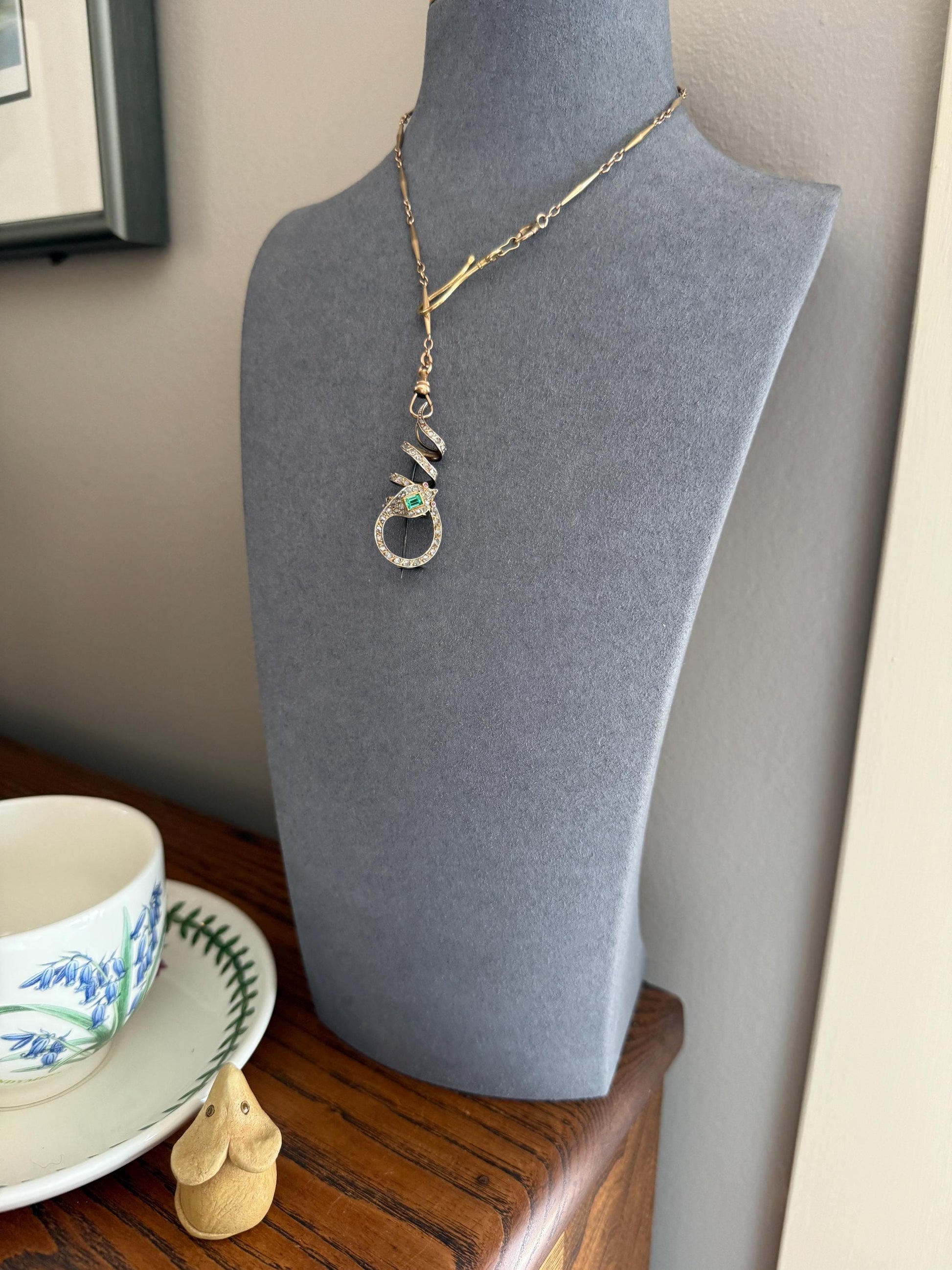 SNAKE French Antique Silver & 18k GOLD Emerald Rose Cut DIAMOND Gem Set Brooch Pendant Connector Cobra Green Figural Victorian