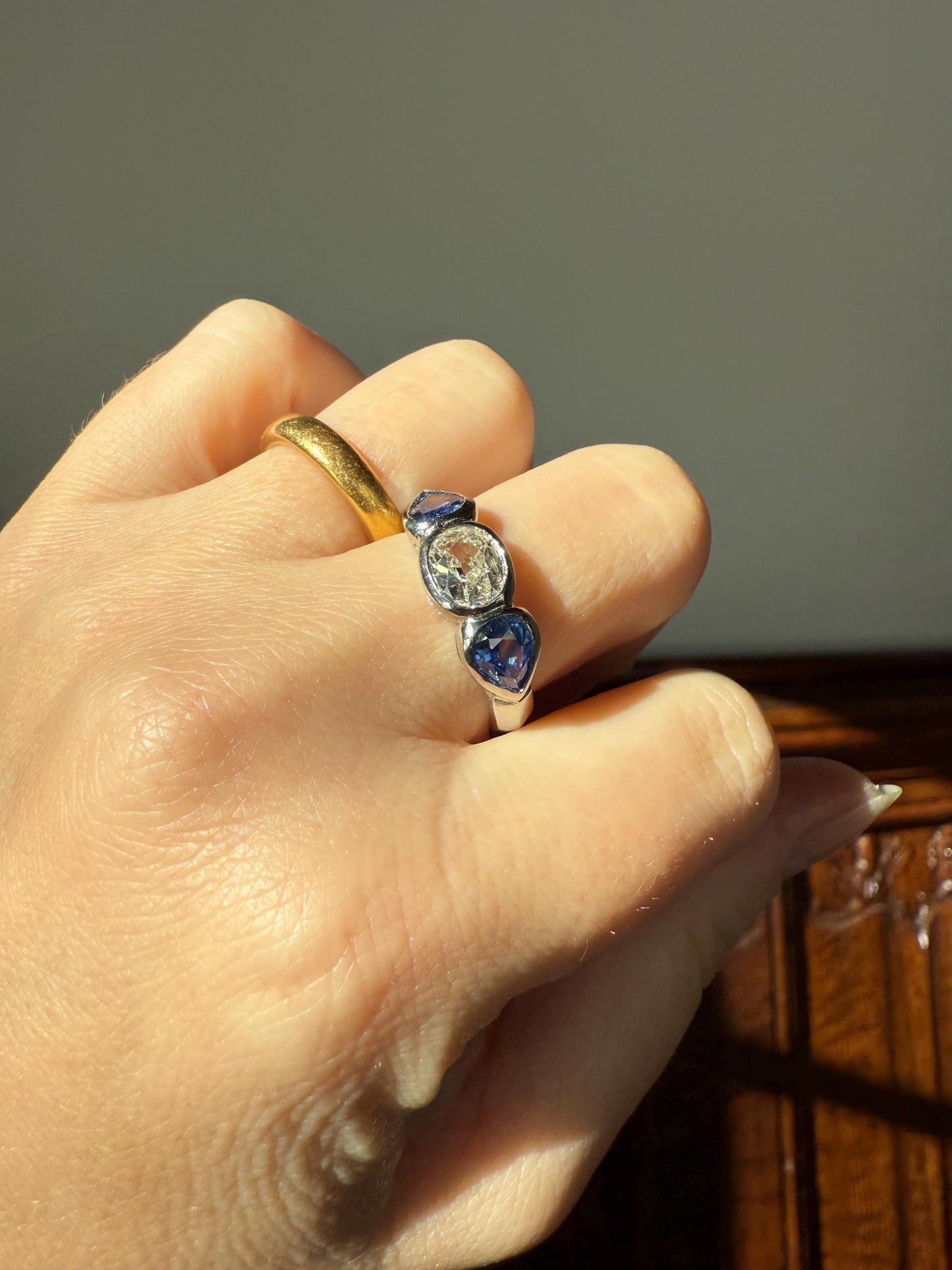 Vintage Spready One Carat Old Mine Cut DIAMOND Natural Pear SAPPHIRE East West OVAL Platinum Three Stone Ring Bezel Stacker Band Blue Chunky