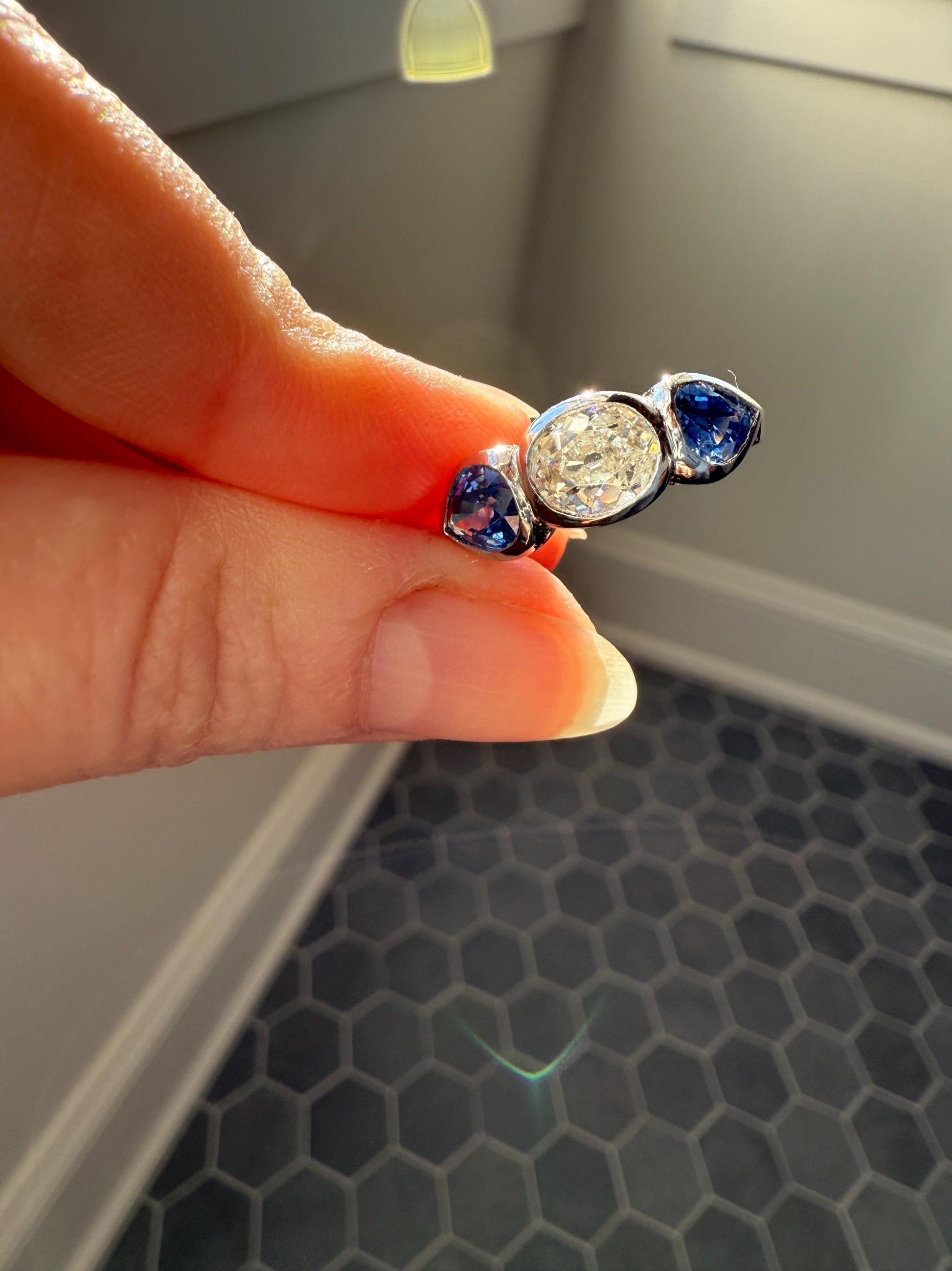 Vintage Spready One Carat Old Mine Cut DIAMOND Natural Pear SAPPHIRE East West OVAL Platinum Three Stone Ring Bezel Stacker Band Blue Chunky
