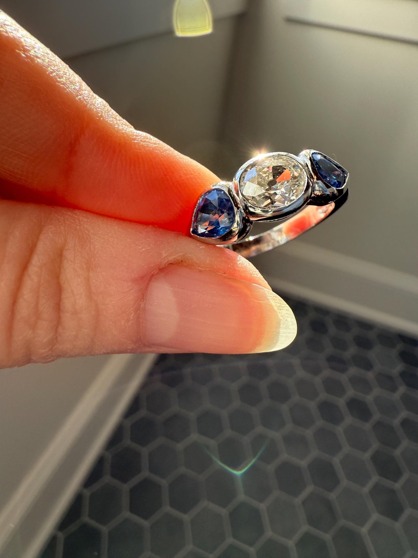Vintage Spready One Carat Old Mine Cut DIAMOND Natural Pear SAPPHIRE East West OVAL Platinum Three Stone Ring Bezel Stacker Band Blue Chunky