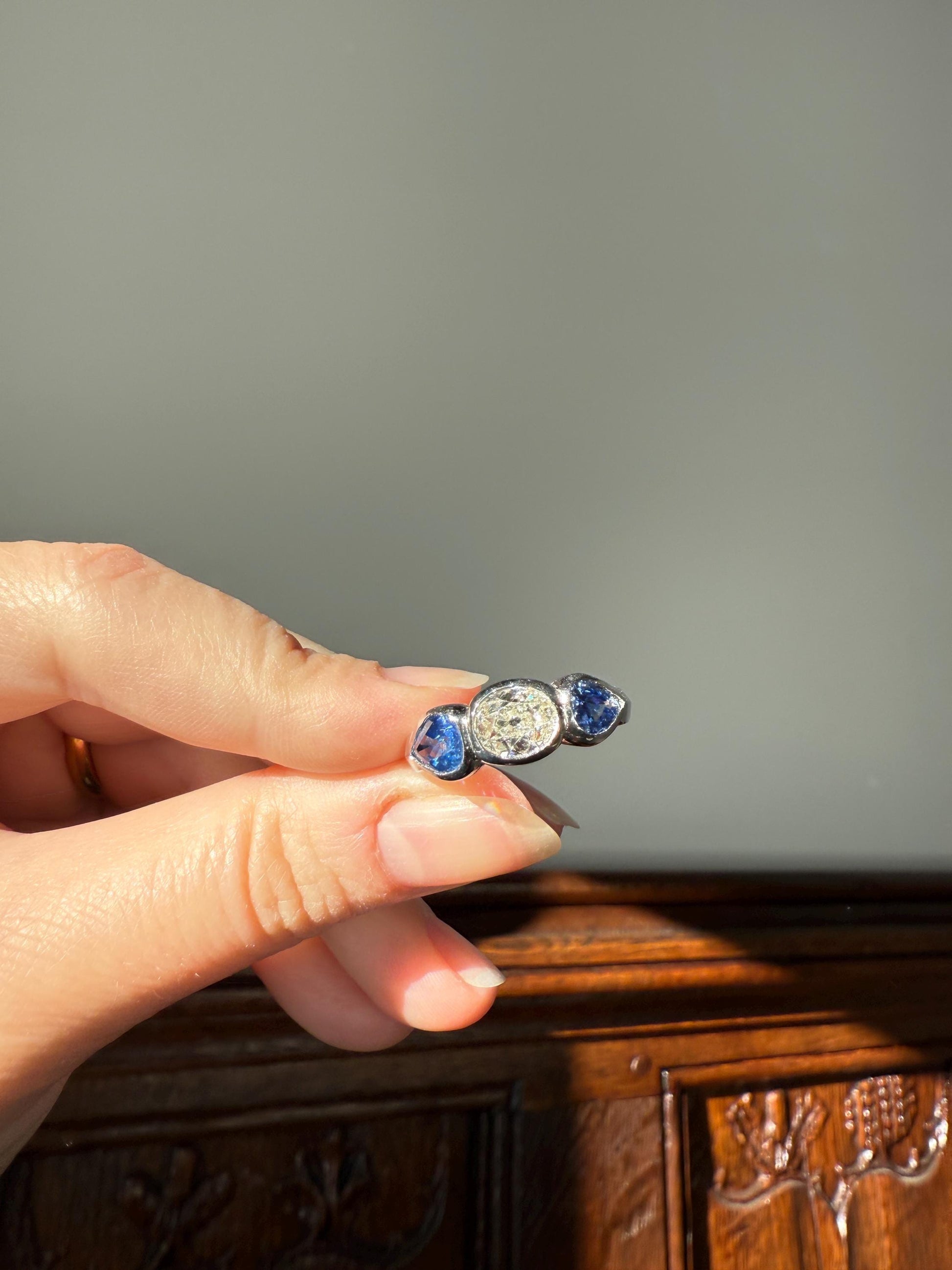 Vintage Spready One Carat Old Mine Cut DIAMOND Natural Pear SAPPHIRE East West OVAL Platinum Three Stone Ring Bezel Stacker Band Blue Chunky