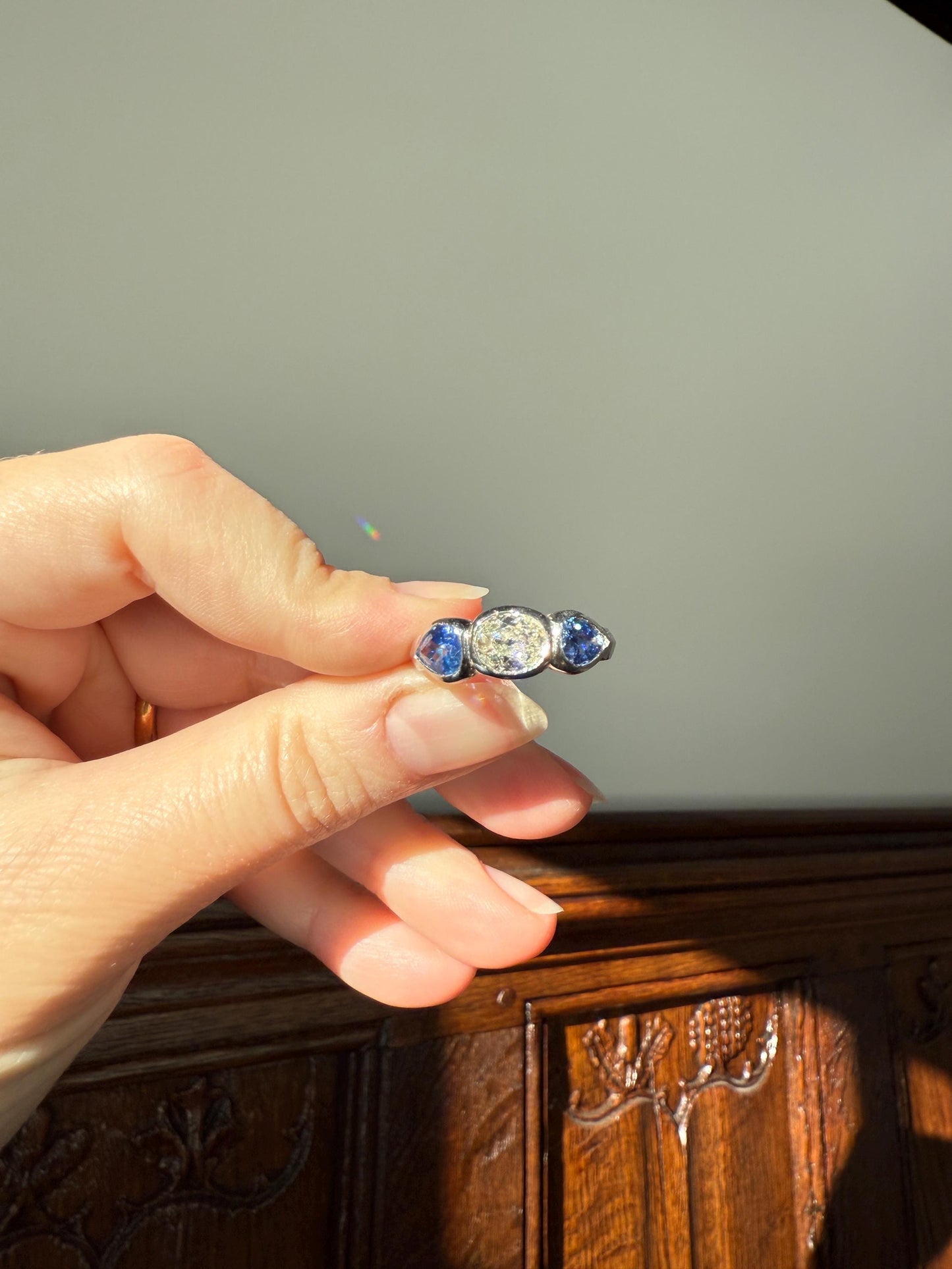 Vintage Spready One Carat Old Mine Cut DIAMOND Natural Pear SAPPHIRE East West OVAL Platinum Three Stone Ring Bezel Stacker Band Blue Chunky
