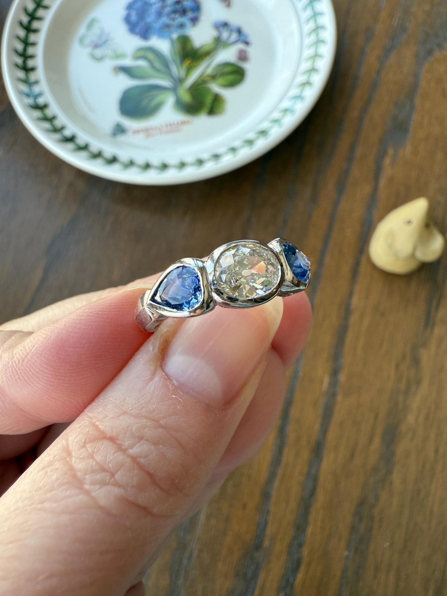 Vintage Spready One Carat Old Mine Cut DIAMOND Natural Pear SAPPHIRE East West OVAL Platinum Three Stone Ring Bezel Stacker Band Blue Chunky