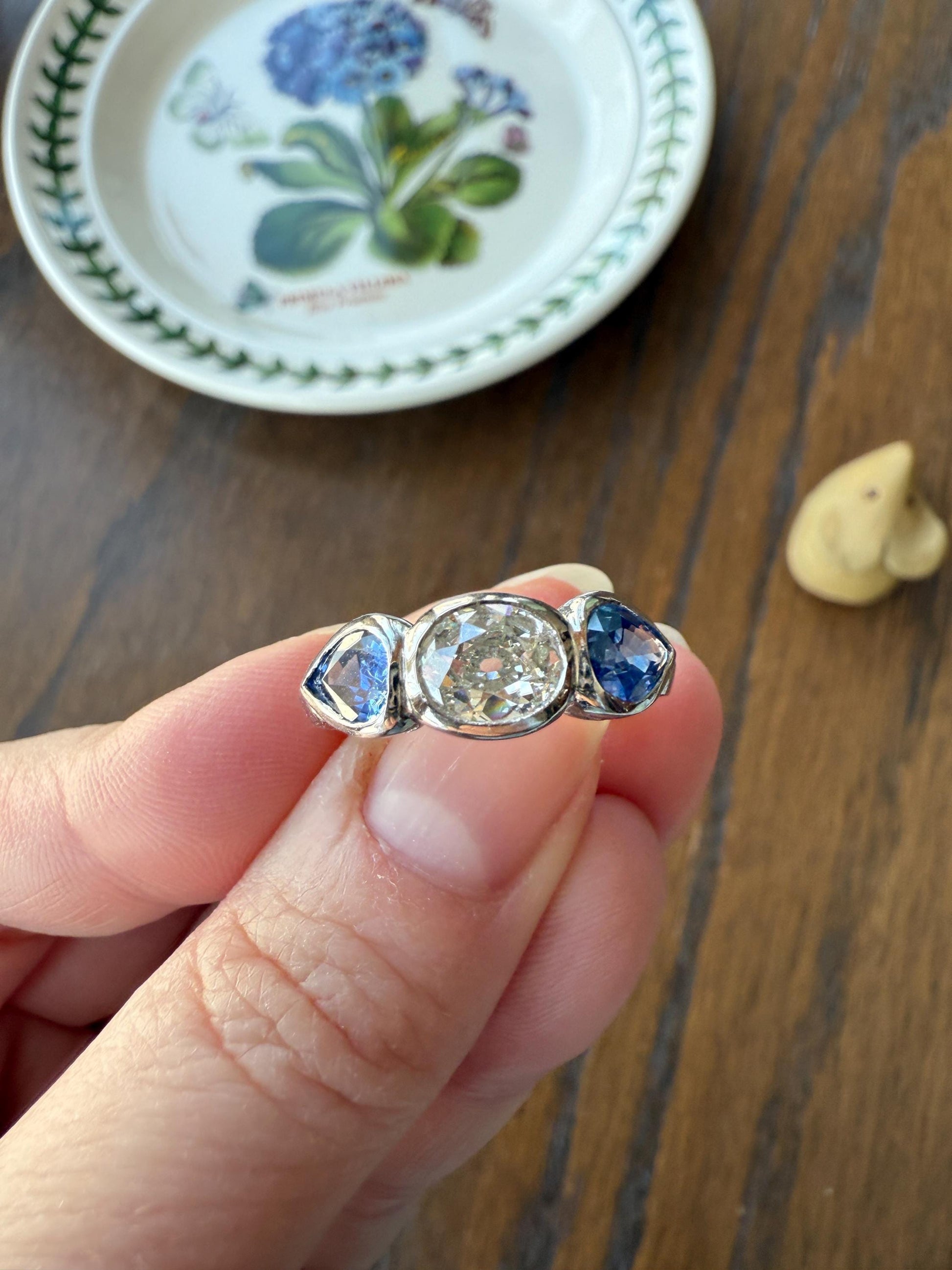 Vintage Spready One Carat Old Mine Cut DIAMOND Natural Pear SAPPHIRE East West OVAL Platinum Three Stone Ring Bezel Stacker Band Blue Chunky