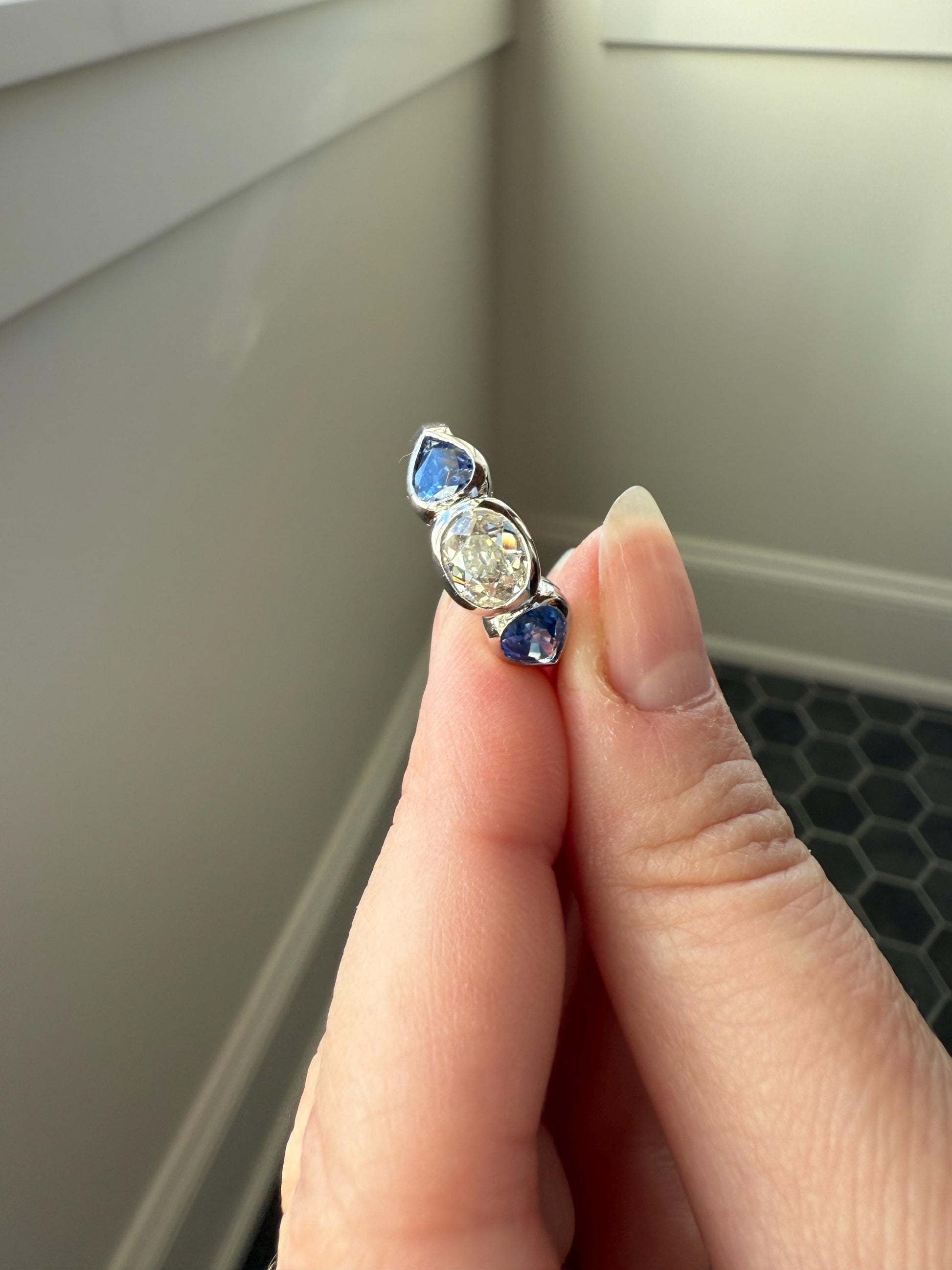 Vintage Spready One Carat Old Mine Cut DIAMOND Natural Pear SAPPHIRE East West OVAL Platinum Three Stone Ring Bezel Stacker Band Blue Chunky