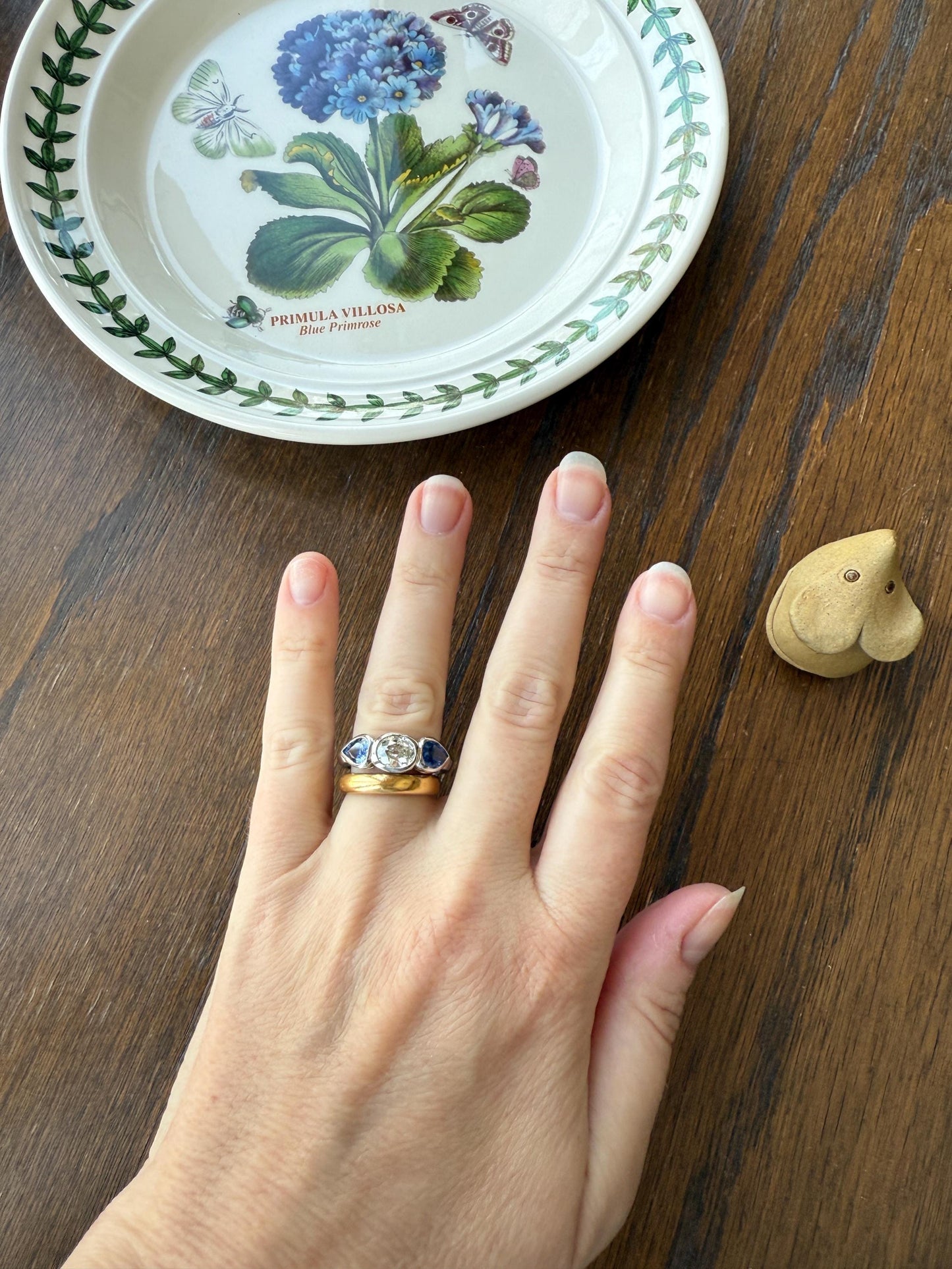 Vintage Spready One Carat Old Mine Cut DIAMOND Natural Pear SAPPHIRE East West OVAL Platinum Three Stone Ring Bezel Stacker Band Blue Chunky