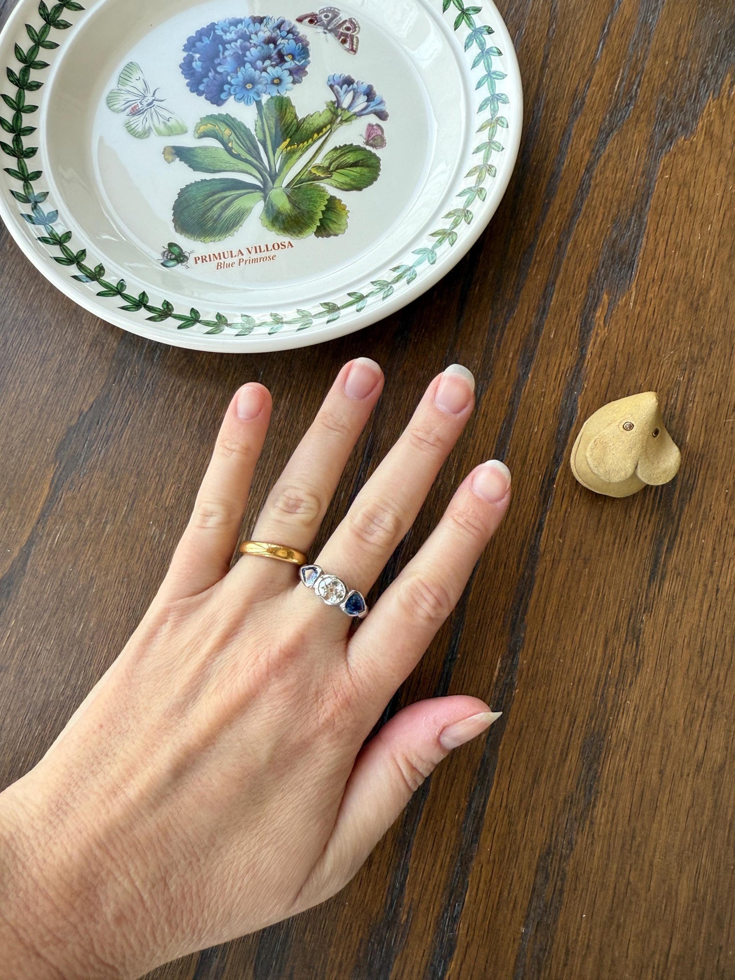 Vintage Spready One Carat Old Mine Cut DIAMOND Natural Pear SAPPHIRE East West OVAL Platinum Three Stone Ring Bezel Stacker Band Blue Chunky