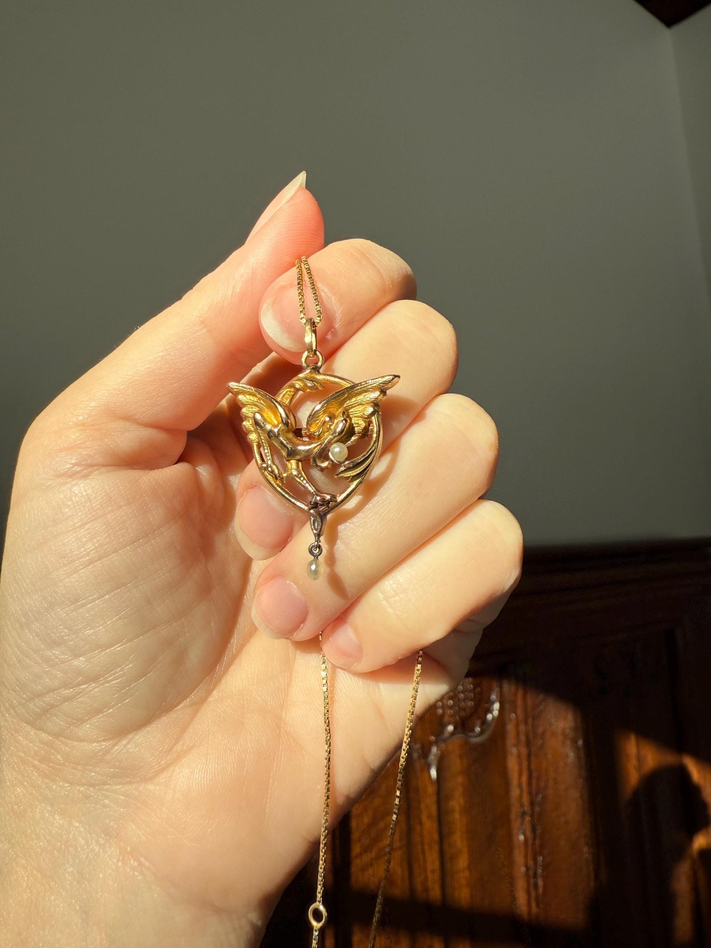 FRENCH Antique 18k Gold DRAGON Pendant on Chain Necklace Solid Chimera Griffin Winged Beast FIGURAL Pearl Victorian Belle Epoque Lifelike