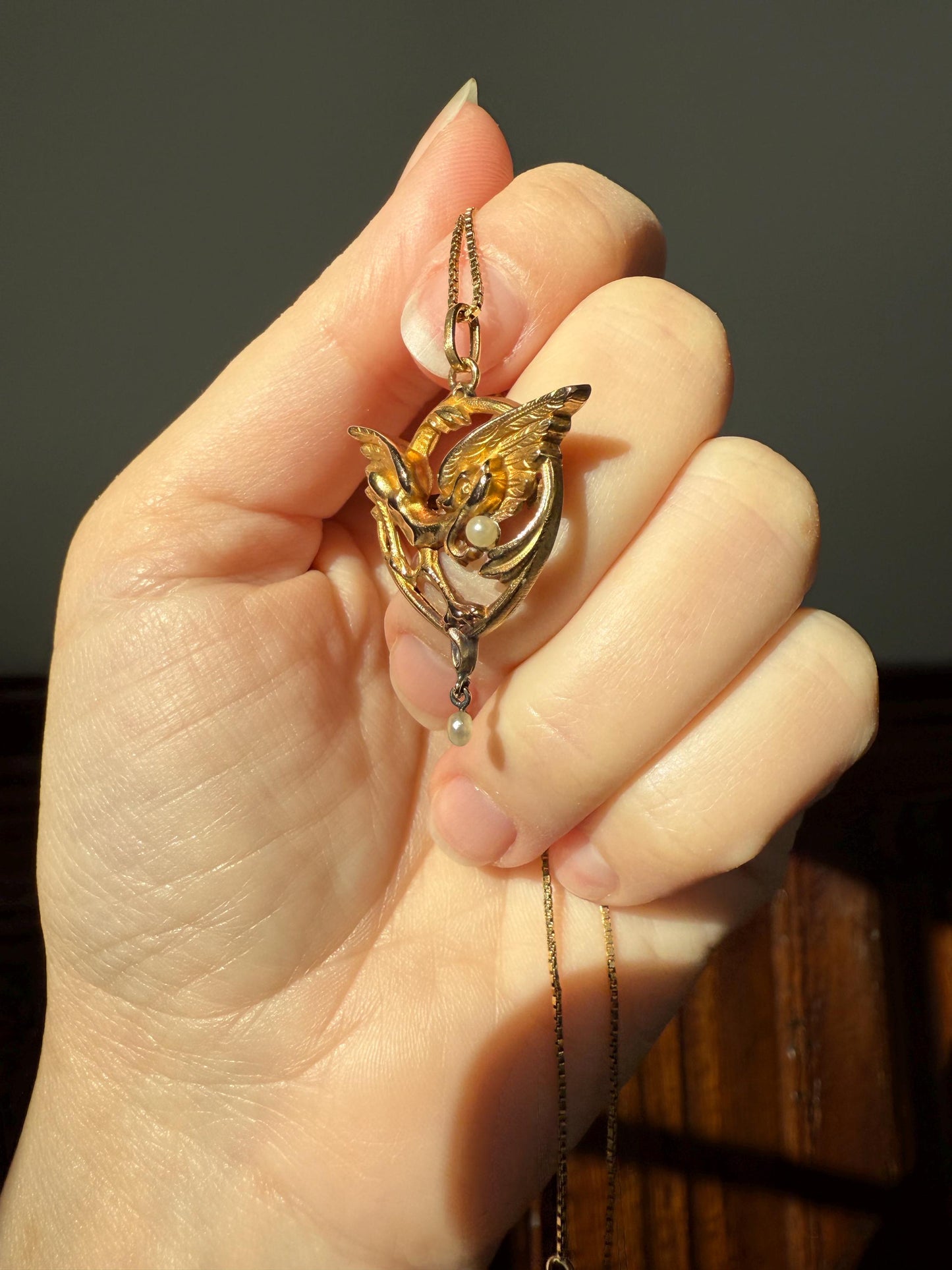 FRENCH Antique 18k Gold DRAGON Pendant on Chain Necklace Solid Chimera Griffin Winged Beast FIGURAL Pearl Victorian Belle Epoque Lifelike