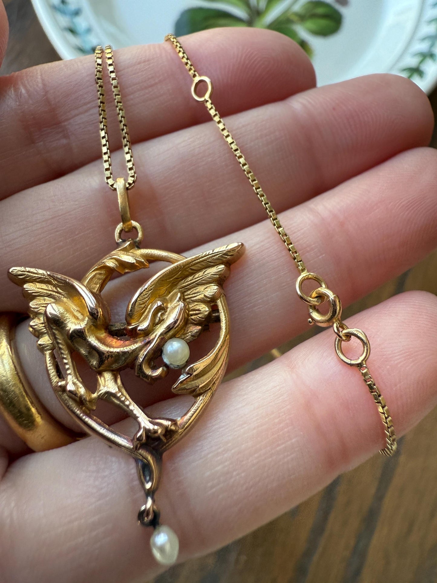 FRENCH Antique 18k Gold DRAGON Pendant on Chain Necklace Solid Chimera Griffin Winged Beast FIGURAL Pearl Victorian Belle Epoque Lifelike