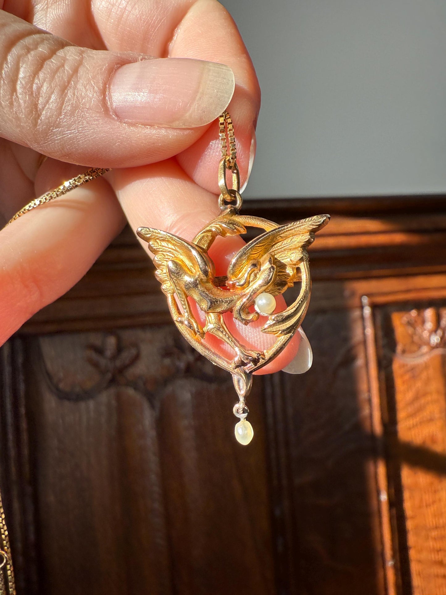 FRENCH Antique 18k Gold DRAGON Pendant on Chain Necklace Solid Chimera Griffin Winged Beast FIGURAL Pearl Victorian Belle Epoque Lifelike