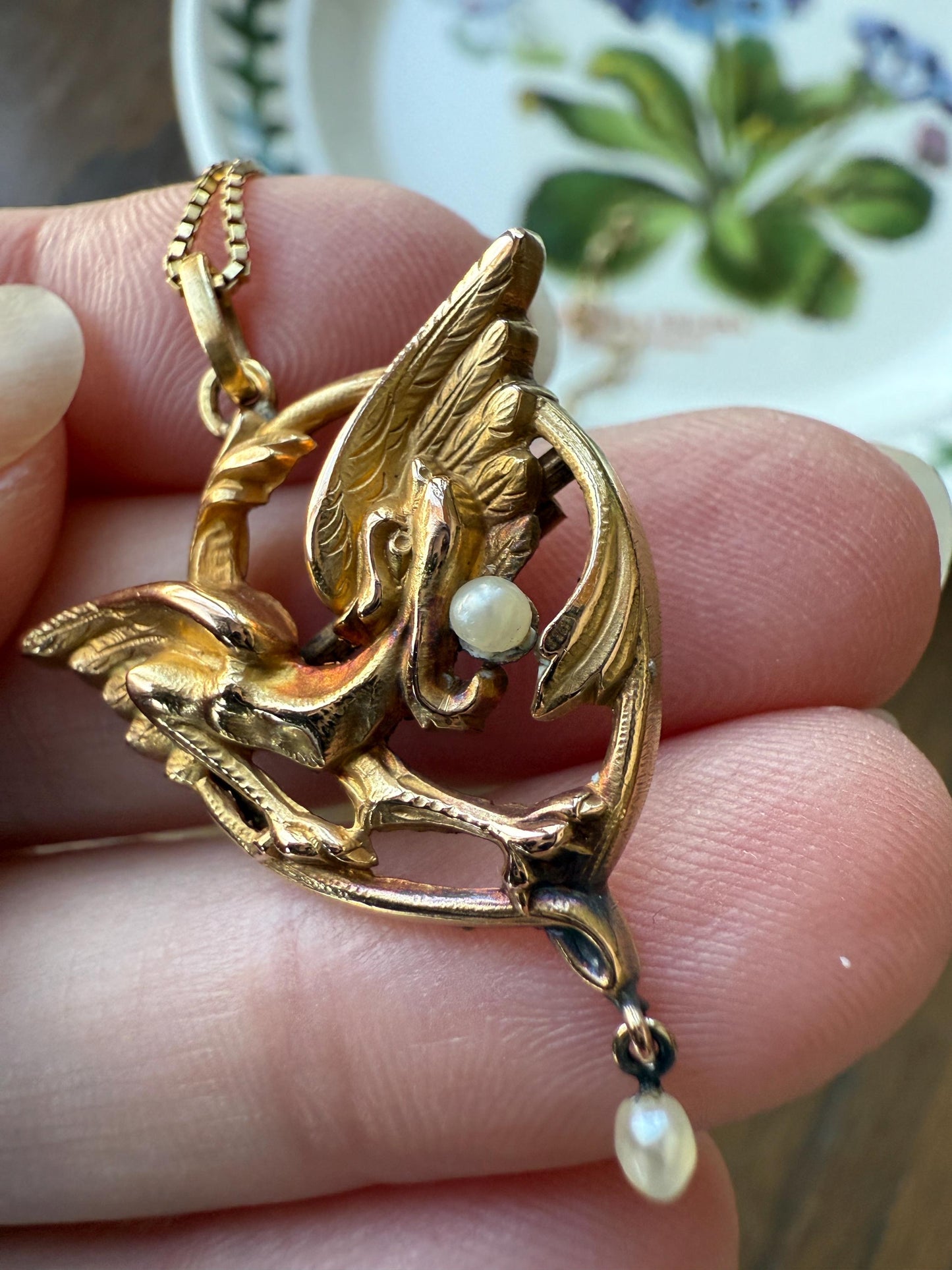 FRENCH Antique 18k Gold DRAGON Pendant on Chain Necklace Solid Chimera Griffin Winged Beast FIGURAL Pearl Victorian Belle Epoque Lifelike