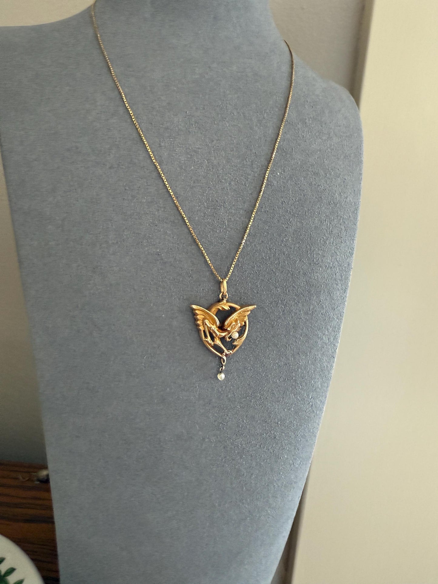 FRENCH Antique 18k Gold DRAGON Pendant on Chain Necklace Solid Chimera Griffin Winged Beast FIGURAL Pearl Victorian Belle Epoque Lifelike