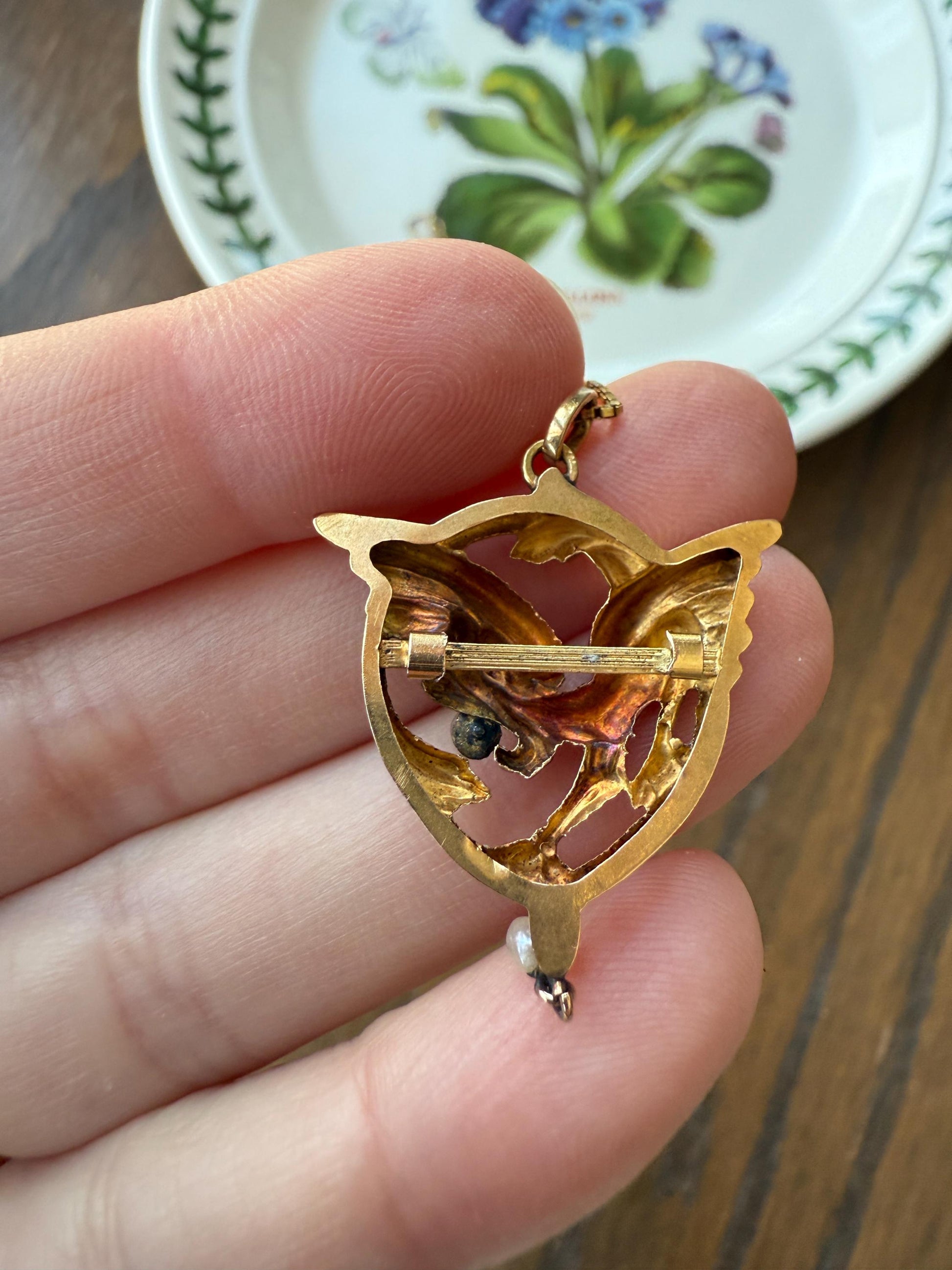 FRENCH Antique 18k Gold DRAGON Pendant on Chain Necklace Solid Chimera Griffin Winged Beast FIGURAL Pearl Victorian Belle Epoque Lifelike