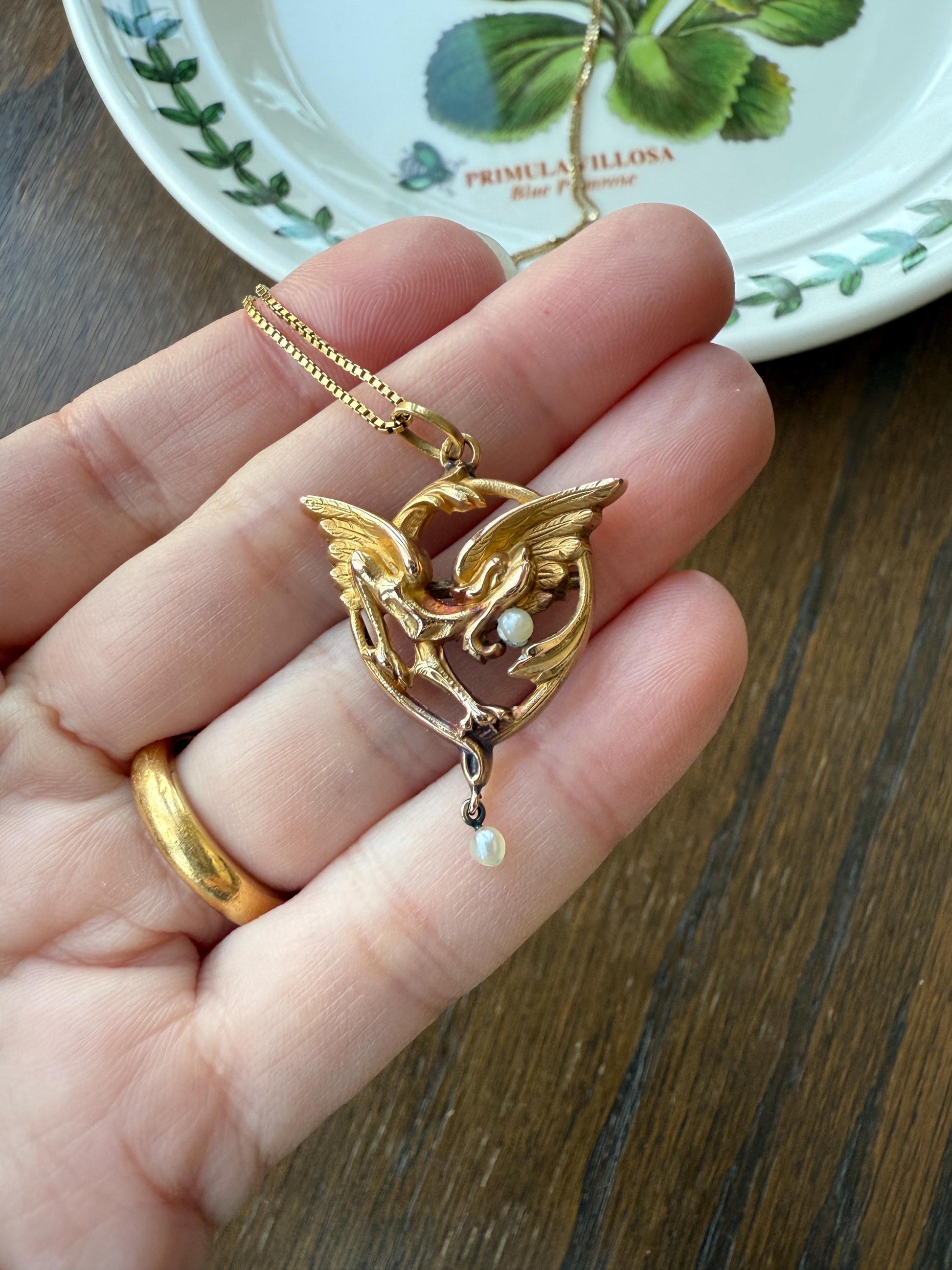 FRENCH Antique 18k Gold DRAGON Pendant on Chain Necklace Solid Chimera Griffin Winged Beast FIGURAL Pearl Victorian Belle Epoque Lifelike