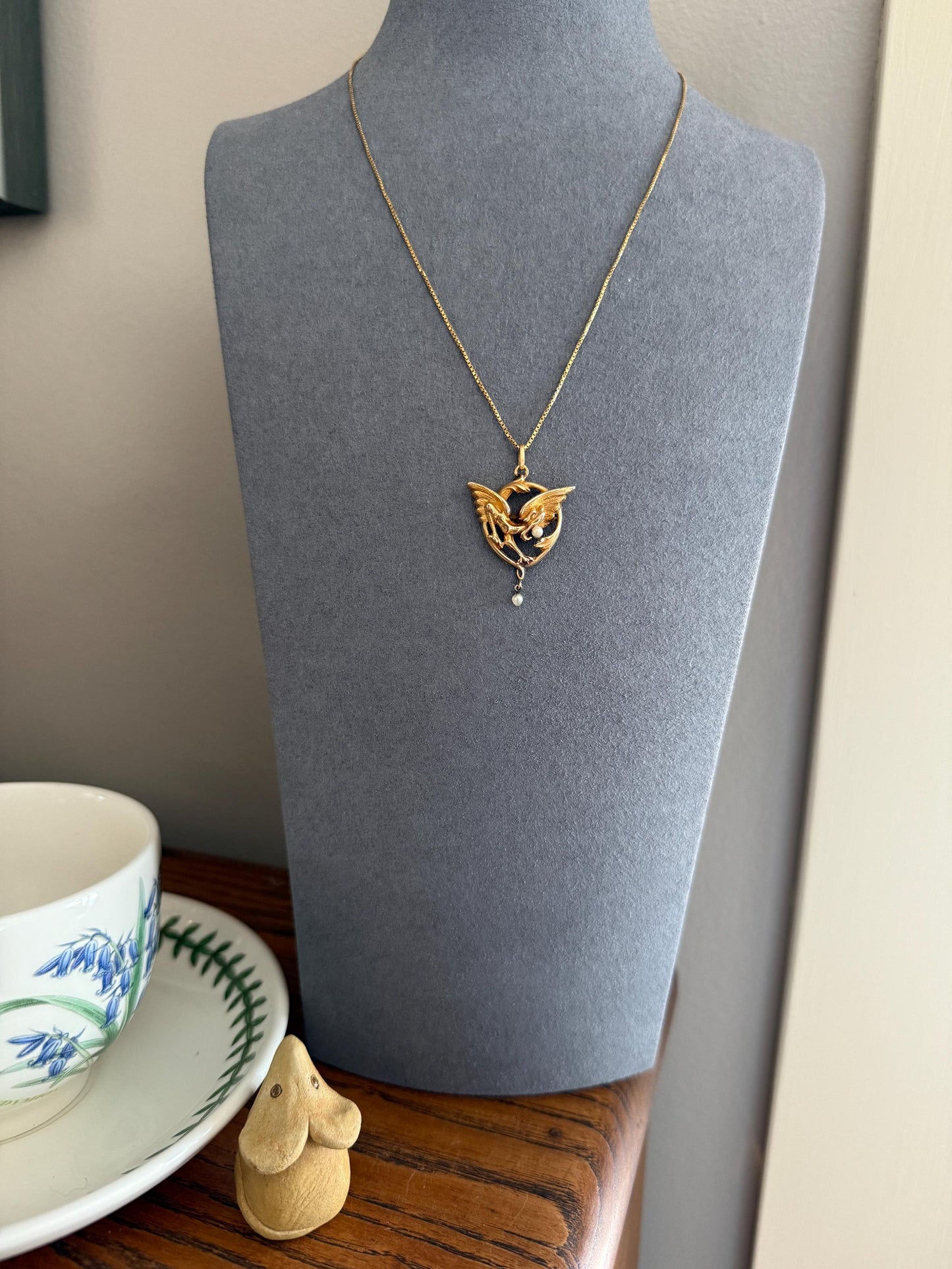 FRENCH Antique 18k Gold DRAGON Pendant on Chain Necklace Solid Chimera Griffin Winged Beast FIGURAL Pearl Victorian Belle Epoque Lifelike