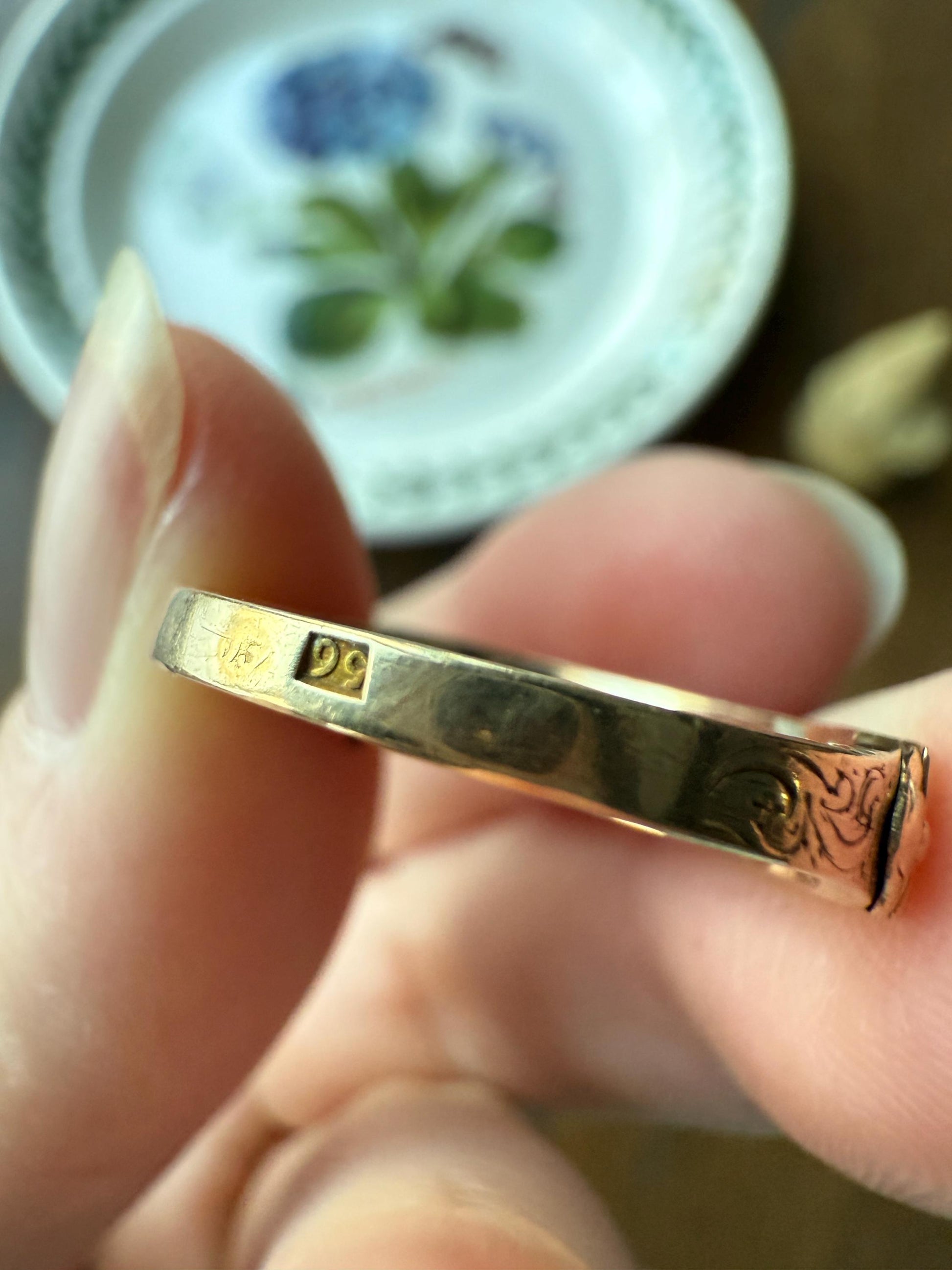 LOCKET RING 14k Gold Victorian Engraved Antique Opening Stacker Band Ornate Enamel Secret Hidden Compartment