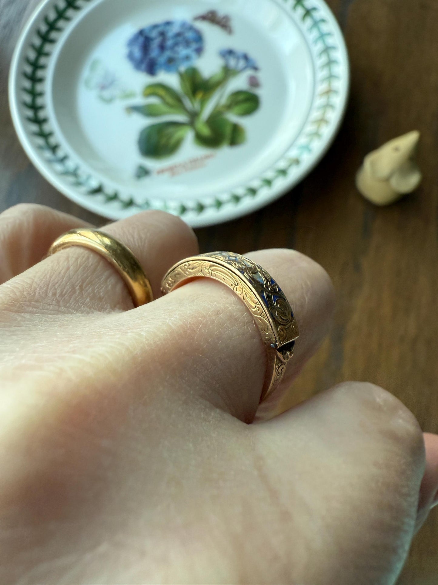 LOCKET RING 14k Gold Victorian Engraved Antique Opening Stacker Band Ornate Enamel Secret Hidden Compartment