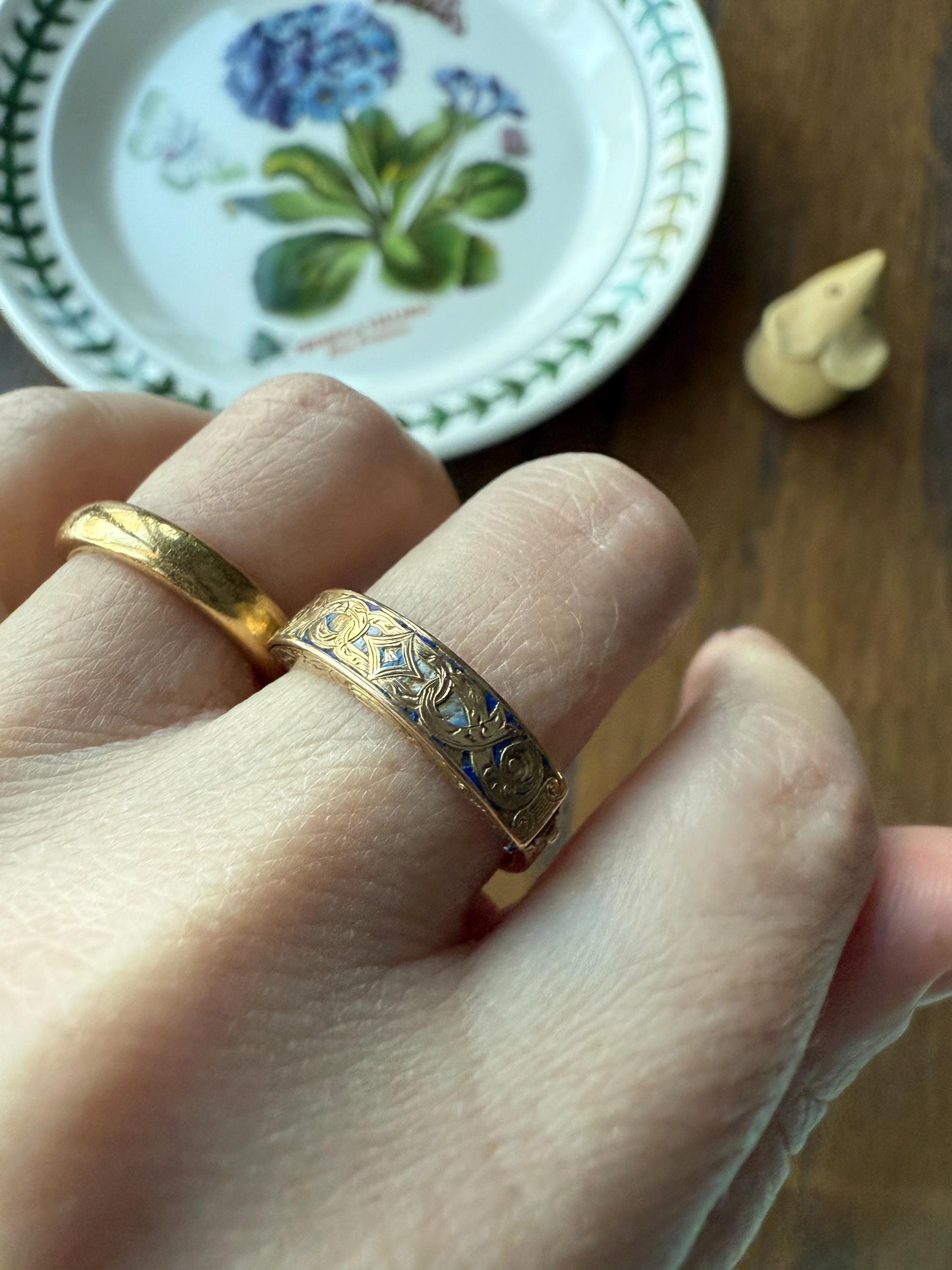 LOCKET RING 14k Gold Victorian Engraved Antique Opening Stacker Band Ornate Enamel Secret Hidden Compartment