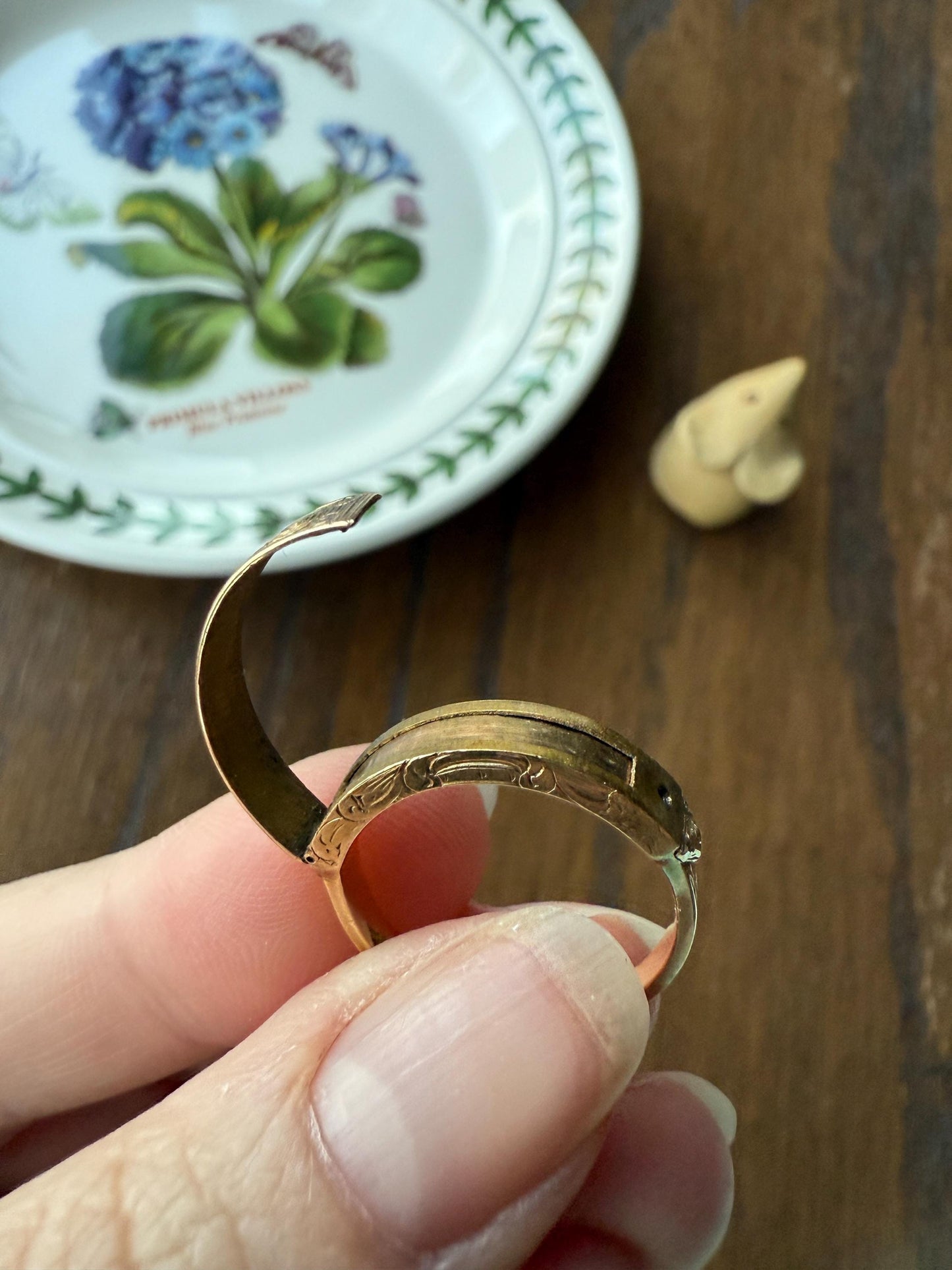 LOCKET RING 14k Gold Victorian Engraved Antique Opening Stacker Band Ornate Enamel Secret Hidden Compartment