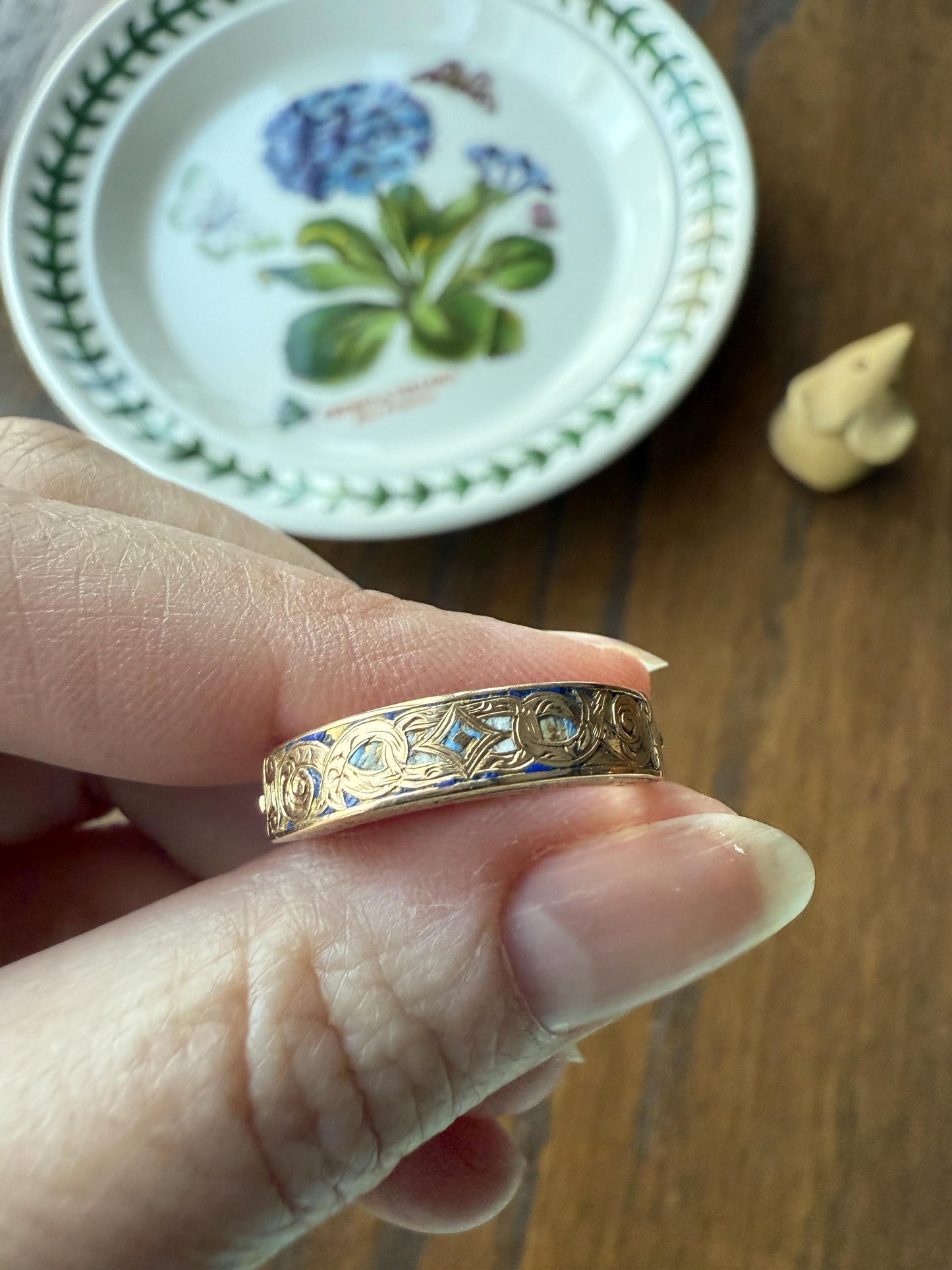 LOCKET RING 14k Gold Victorian Engraved Antique Opening Stacker Band Ornate Enamel Secret Hidden Compartment