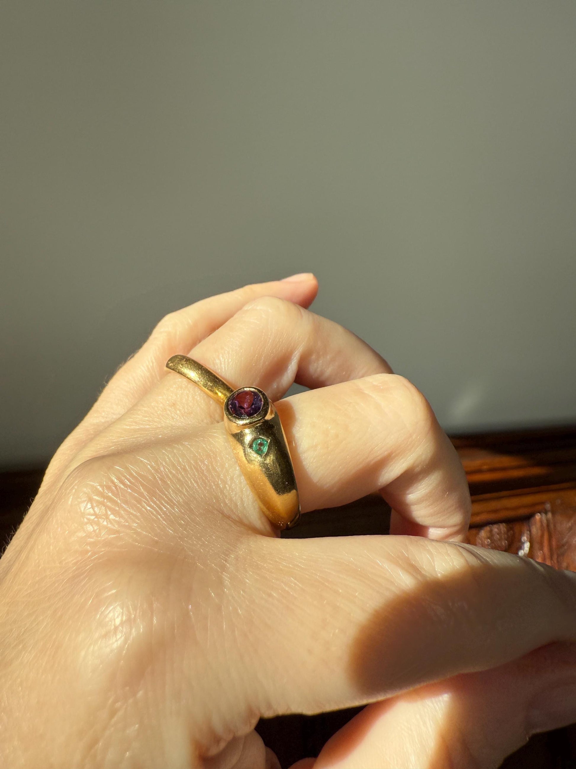 Vintage AMETHYST Emerald Geometric Domed Band Stacker Ring 18k Gold French Green Purple Chunky
