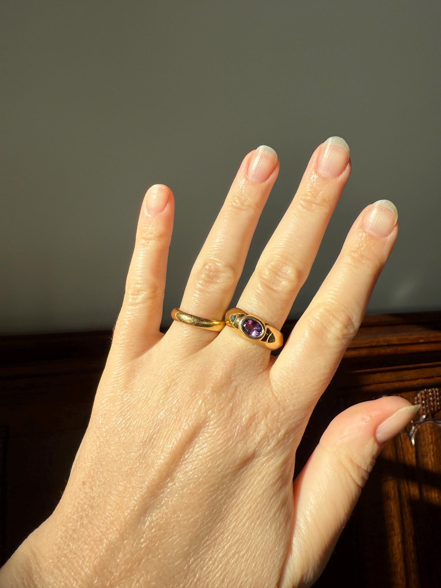 Vintage AMETHYST Emerald Geometric Domed Band Stacker Ring 18k Gold French Green Purple Chunky