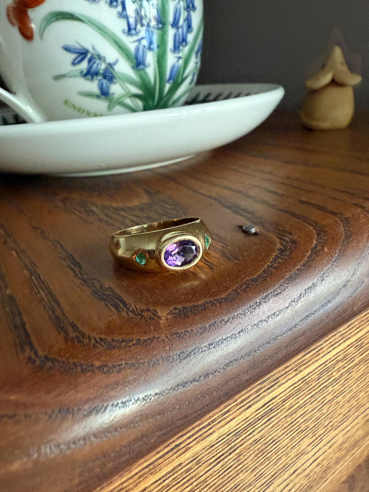 Vintage AMETHYST Emerald Geometric Domed Band Stacker Ring 18k Gold French Green Purple Chunky