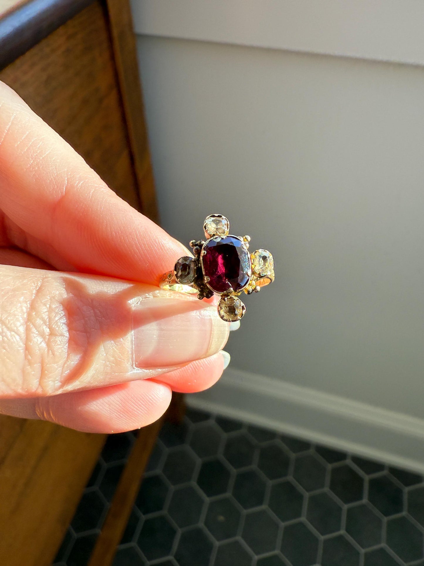 Antique Old Cut GARNET Pale Yellow Rivet Halo Cruciform HEART Locket Back Antique Ring 18k Gold Georgian Victorian
