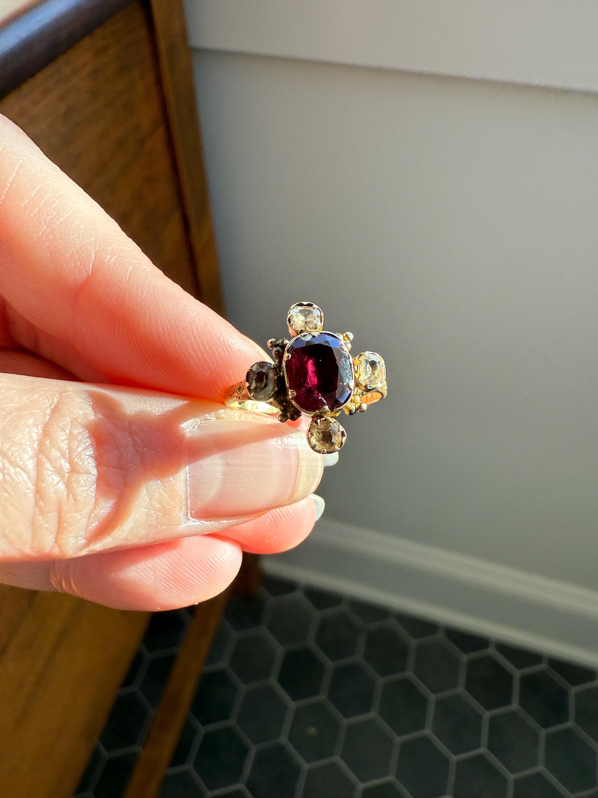 Antique Old Cut GARNET Pale Yellow Rivet Halo Cruciform HEART Locket Back Antique Ring 18k Gold Georgian Victorian