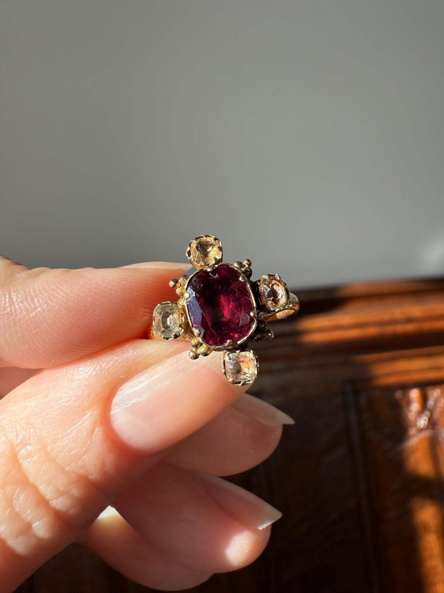 Antique Old Cut GARNET Pale Yellow Rivet Halo Cruciform HEART Locket Back Antique Ring 18k Gold Georgian Victorian